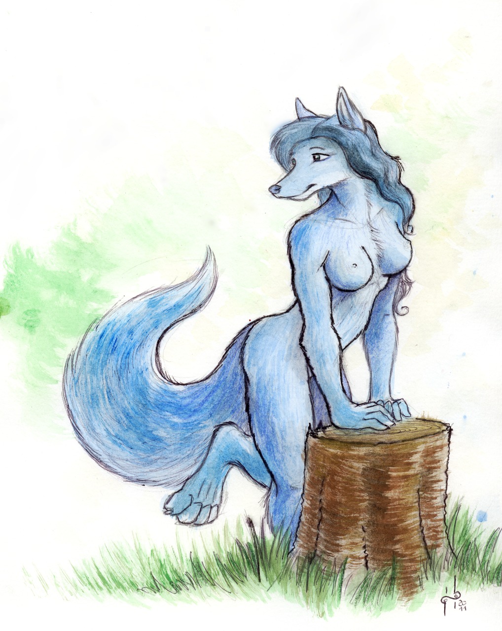 anthro blue_body blue_fur blue_hair breasts canid canine cool_colors e621 female fox fur hair hi_res hufnaar mammal nipples nude pose solo tail wood