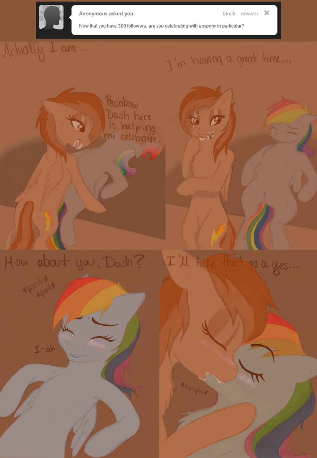 2011 absurd_res ask_blog blue_body blue_feathers blush bodily_fluids comic cutie_mark dialogue duo e621 english_text equid equine eyes_closed feathered_wings feathers female female/female feral feral_on_feral friendship_is_magic genital_fluids genitals hair hasbro hi_res intraspecies kiss_on_lips kissing looking_at_viewer mammal multicolored_hair multiple_positions my_little_pony mythological_creature mythological_equine mythology nude open_mouth pegasus quadruped rainbow_dash_(mlp) rainbow_hair rainbowdashs sex simple_background smile spitfire_(mlp) spread_legs spreading sweat tail text tumblr user_avatar vaginal_fluids vulva wings wonderbolts_(mlp) yellow_body yellow_feathers