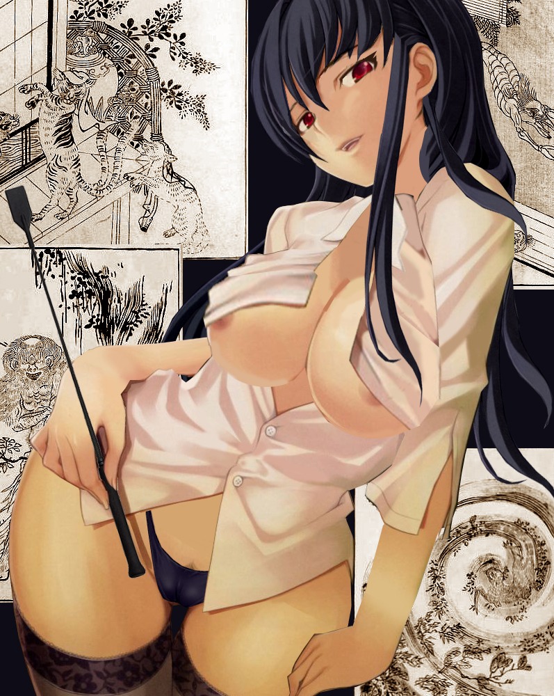 1girls 2d black_hair breasts character_request copyright_request derivative_work female female_only long_hair murasame_(kizuyomina) nipples panties pubic_hair red_eyes rule34 solo thighhighs underwear