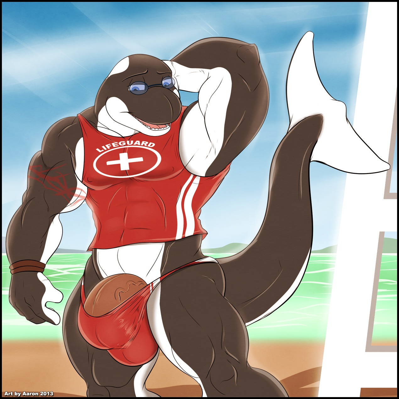 1:1 2013 aaron_(artist) abs anthro aquatic athletic balls beach biceps big_balls big_muscles big_penis biped black_body black_skin blue_eyes bracelet cetacean clothing detailed_background digital_media_(artwork) dolphin e621 eyewear fangs flexing genitals glasses hand_behind_head hi_res huge_penis jewelry lifeguard male mammal muscular muscular_anthro muscular_male nipples oceanic_dolphin onix_(aaron) open_mouth orca outside pecs penis penis_base pose red_clothing sand scales sea seaside shirt sky solo speedo standing sunglasses swimwear tail tank_top tattoo teeth text text_on_clothing text_on_shirt text_on_tank_top text_on_topwear thick_penis tongue toothed_whale topwear vein water white_body white_skin wristband