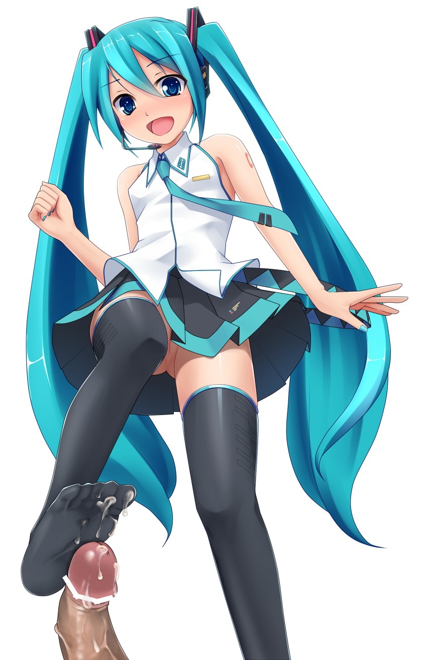 1boy 1girl aqua_eyes aqua_hair bar_censor blue_eyes blush censored cum cum_on_body cum_on_feet curved_to_the_right_penis eto feet female footjob footjob_with_legwear hatsune_miku headset hetero highres long_hair long_twintails male nail_polish necktie no_panties open_mouth penis pussy rule34 simple_background skirt smile soles solo_focus thighhighs tied_hair toes twintails upskirt very_long_hair vocaloid white_background zettai_ryouiki