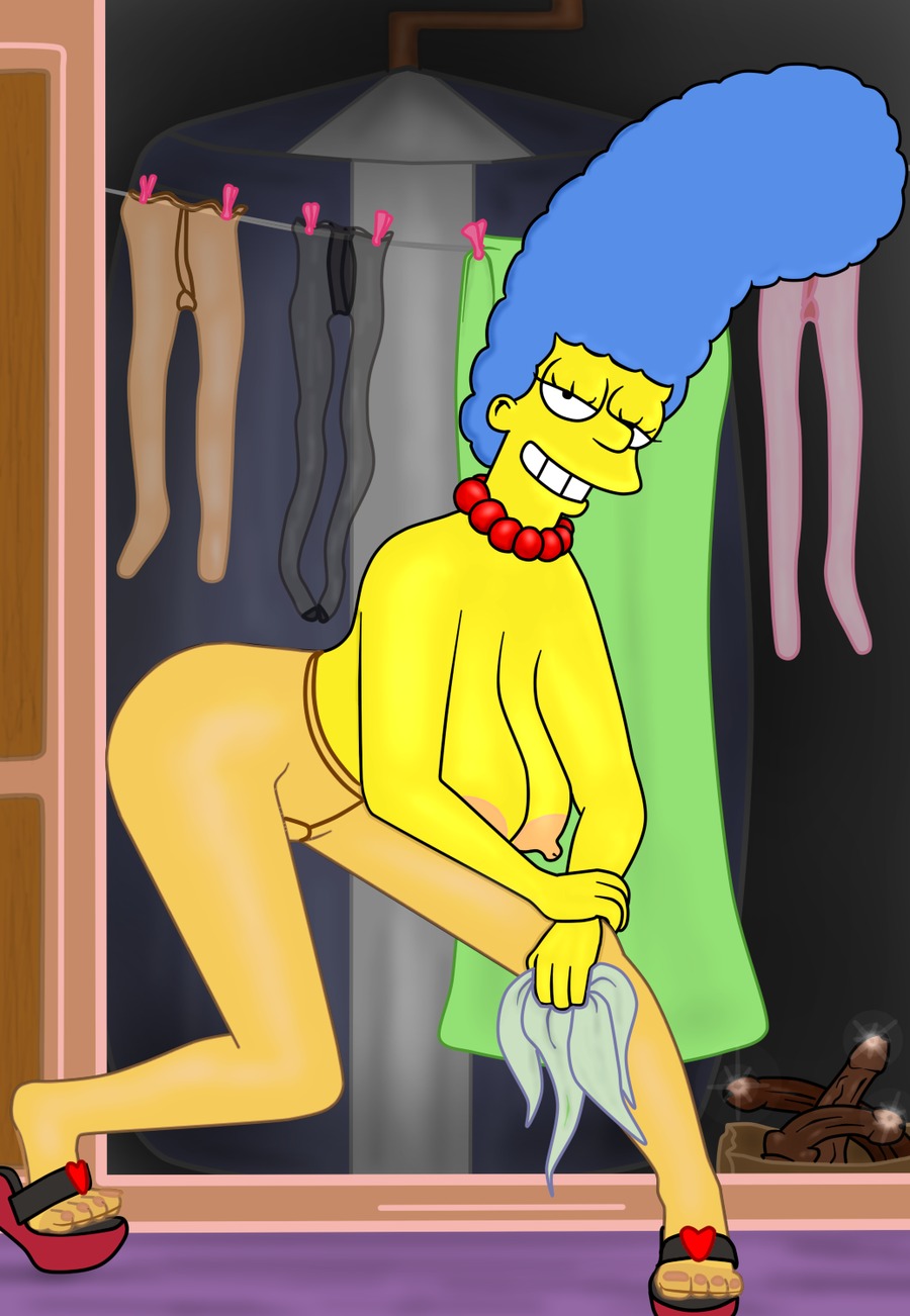 breasts clothes color female female_only high_heels human indoors marge_simpson nipples platform_heels rule34 smile solo tagme the_simpsons topless waspcock