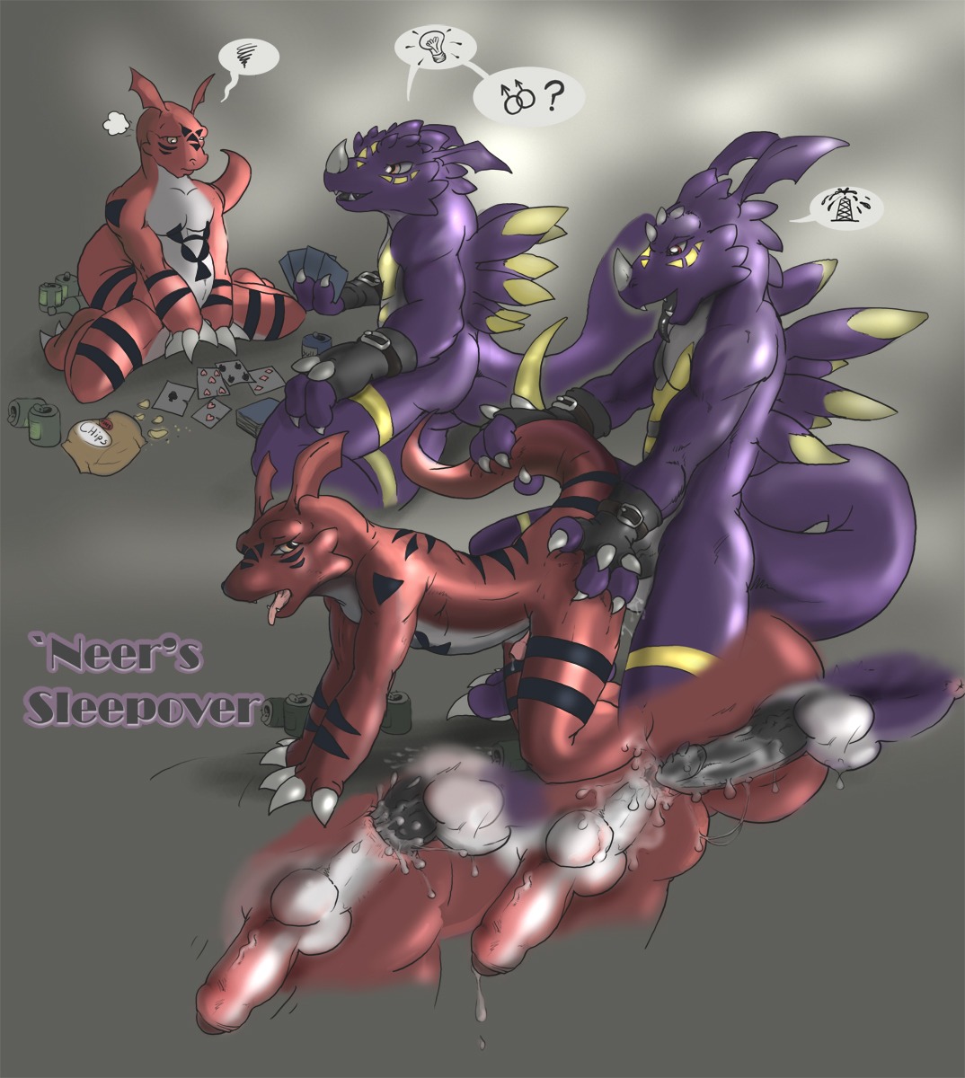 after_sex all_fours anal anal_penetration anus backsack balls bandai_namco bodily_fluids butt butt_grab close-up cum cum_inside dialogue digimon digimon_(species) digital_hazard doggystyle dragon dragoneer_(character) duo e621 english_text erection fakemon fan_character foreskin from_behind_position gender_symbol genital_fluids genitals guilmon hand_on_butt hi_res humanoid_genitalia humanoid_penis inverted_zero_unit male male/male male/male_symbol male_penetrated male_penetrating male_penetrating_male male_symbol markings messy murasadramon muscular mythological_creature mythological_scalie mythology partially_retracted_foreskin penetration penis pictographics precum purple_body red_body sarovak scalie sex sexuality_symbol sitting sleepover symbol tail tail_grab text tongue zero_unit
