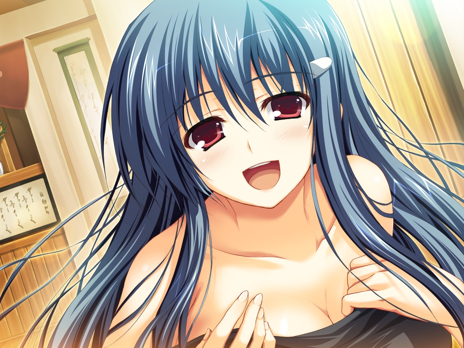 1girls akatsuki_no_goei blue_hair cleavage close female female_only game_cg hi_res kanzaki_moe red_eyes rule34 solo tomose_shunsaku