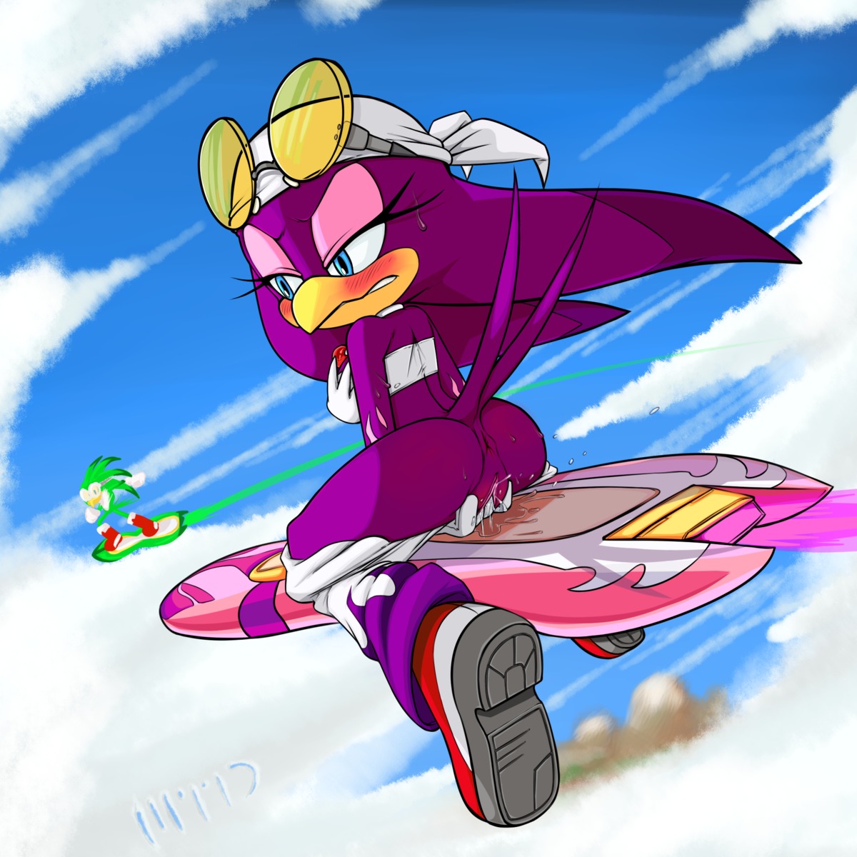 1:1 2013 accipitrid accipitriform anthro anus avian babylonian_(sonic) beak being_watched bird blue_eyes blush board bodily_fluids butt clothing cloud duo e621 eyewear female footwear genital_fluids genitals goggles headgear headkerchief headwear hi_res hirundinid hoverboard jet_the_hawk kerchief looking_at_another male marthedog masturbation orgasm oscine outside passerine sega shoes sky skyscape sonic_riders sonic_the_hedgehog_(series) swallow_(bird) sweat vaginal vaginal_fluids vaginal_masturbation vulva wave_the_swallow