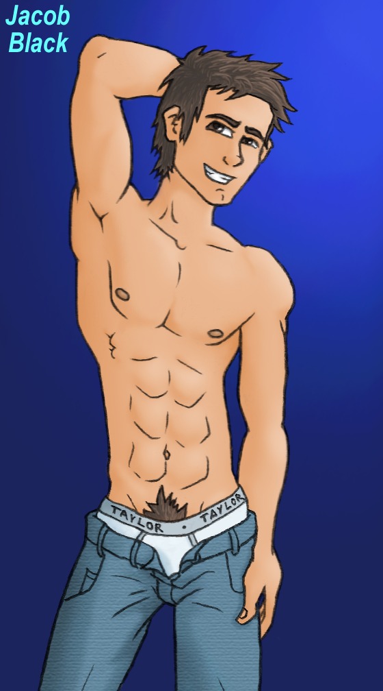 1boy brockyaoi brown_hair jacob_black looking_at_viewer male male_only pubes pubic_hair rule34 short_hair simple_background smile solo the_twilight_saga