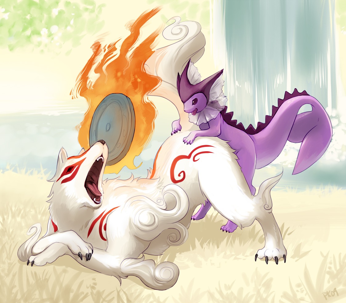 2009 amaterasu ambiguous_gender canine claws crossover eeveelution feral feral_on_feral fire fur markings nintendo okami open_mouth pok&eacute;mon_(species) pokemon pokemon_(species) purplekecleon quadruped rule34 shiny_pokemon spikes tail vaporeon white_fur wolf