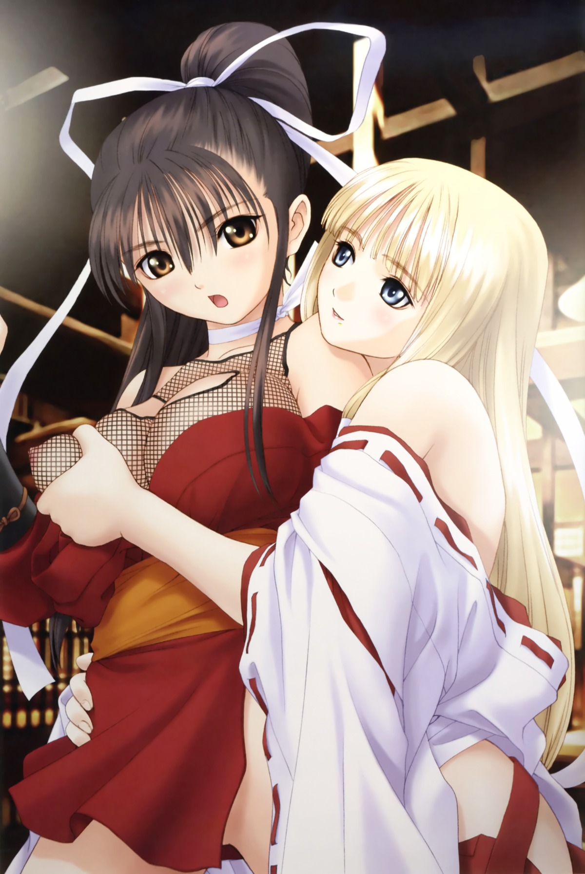 2girls blonde_hair blue_eyes breast_grab breasts brown_eyes brown_hair female female_only fishnets highres japanese_clothes kureha_(mitama_~shinobi~) large_breasts long_hair miko mitama_~shinobi~ multiple_females multiple_girls ninja nipples ponytail ran_(mitama_~shinobi~) rule34 taka_tony tied_hair yuri