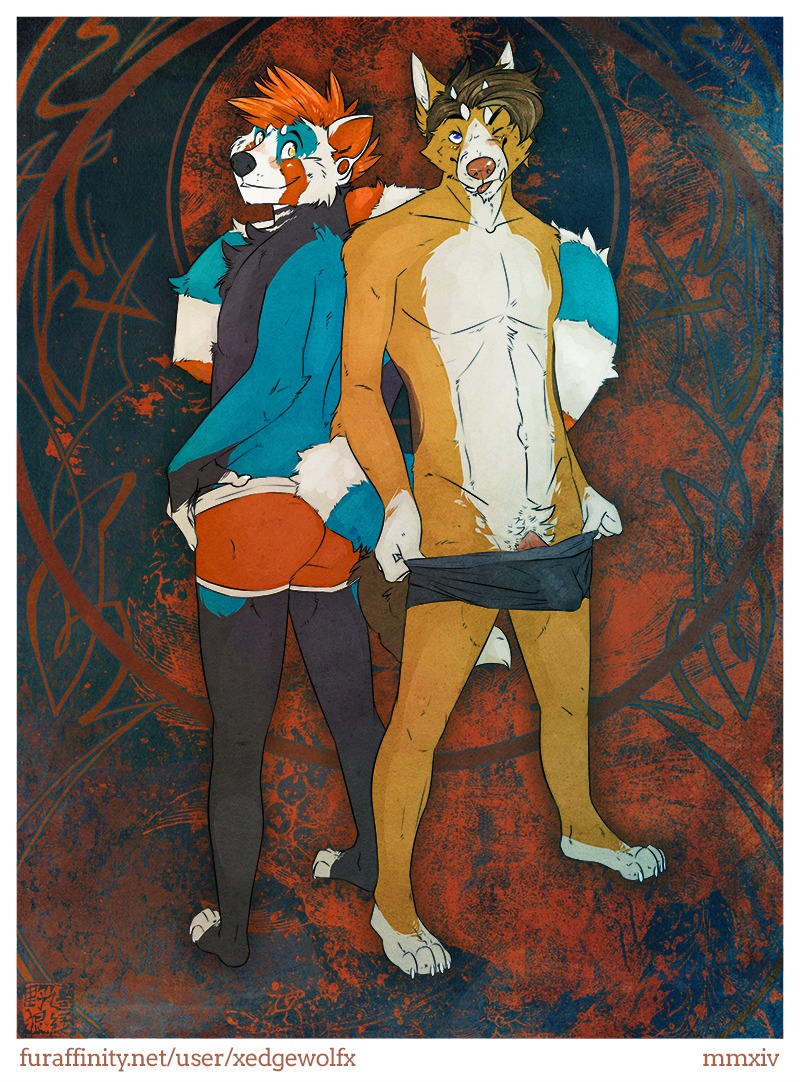 ailurid anthro black_nose bulge canid canine canis clothed clothing detailed_bulge domestic_dog duo e621 erection erection_under_clothing genital_outline genitals hair hybrid male mammal orange_hair penis penis_base penis_outline pink_nose red_panda topless underwear xedgewolfx