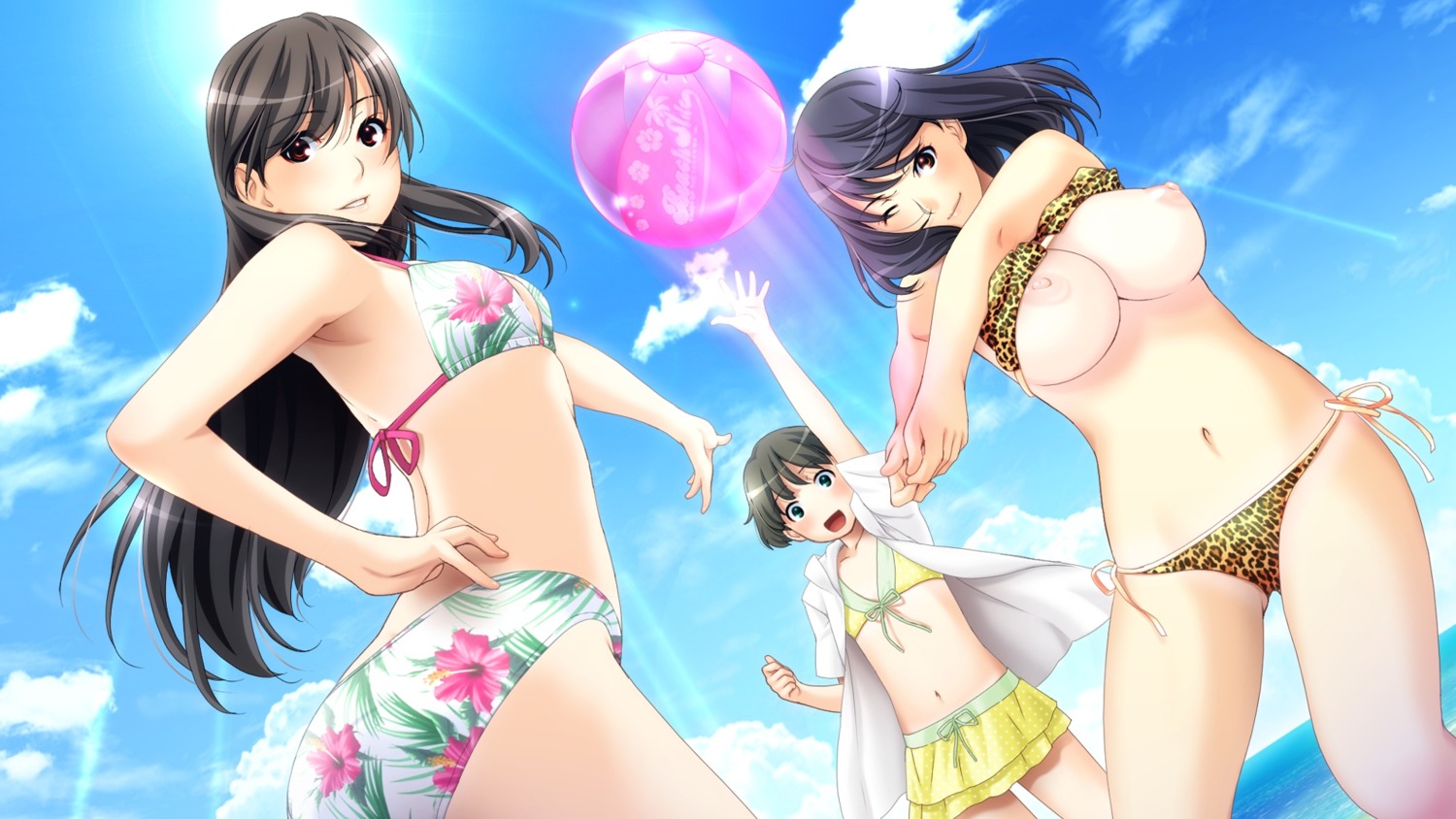 3girls ball_(object) beach_ball bikini breasts clouds female female_only highres human large_breasts long_hair multiple_females multiple_girls navel nipples rule34 short_hair sister_scheme_2 sky sunlight swimsuit uncensored wardrobe_malfunction water wink yanagawa_amane yanagawa_shiori