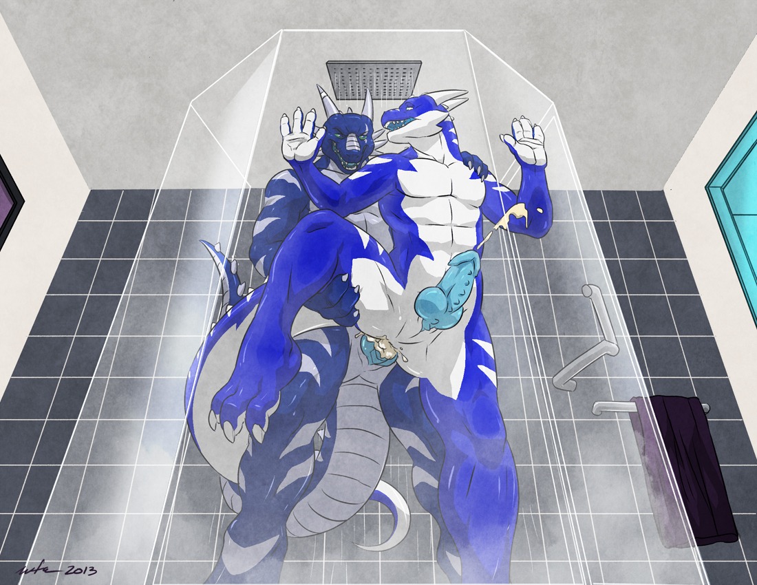 2013 3_toes abs against_surface anal anal_penetration animal_genitalia anthro anthro_on_anthro anus athletic bathroom belly biceps big_penis blue_body blue_eyes blue_penis blue_scales blue_skin bodily_fluids butt claws cum cum_in_ass cum_inside cum_on_penis cum_string cum_while_penetrated cumshot dragon dripping duo e621 ejaculation erection european_mythology fangs feet from_behind_position genital_fluids genital_slit genitals glass green_eyes grey_body grey_skin grin hands-free horn knot leaking leaning leaning_forward leg_grab legs_up male male/male male_penetrated male_penetrating male_penetrating_male markings muscular muscular_male mythological_creature mythological_scalie mythology nude on_glass open_mouth orgasm pecs penetration penile_spines penis raised_leg raventhan scales scalie sex shower smile spread_legs spreading standing steam striped_body striped_scales stripes tail teeth toe_claws toes towel water western_dragon wet wfa white_belly white_body white_horn white_scales white_skin white_stripes