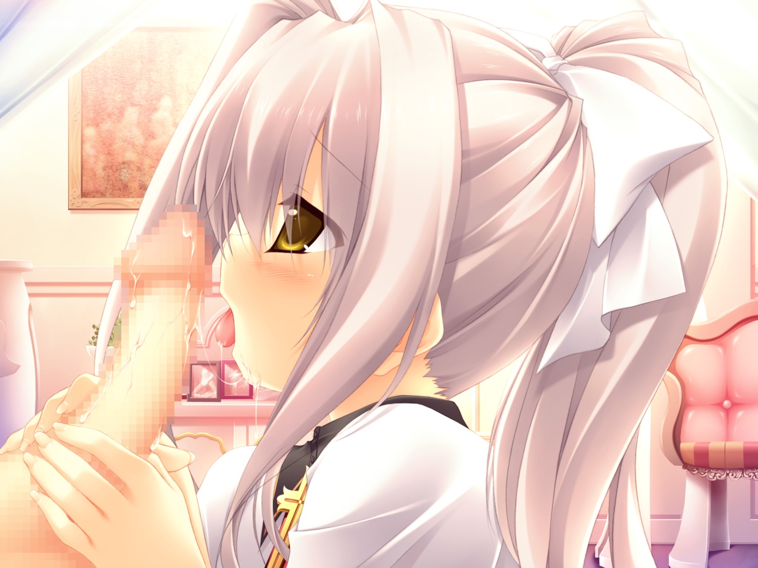 blush censored chikotam fellatio female game_cg grey_hair hair kiss_x_demon_lord_x_darjeeling lycerisious_h._kirigasaki male oral penis rule34