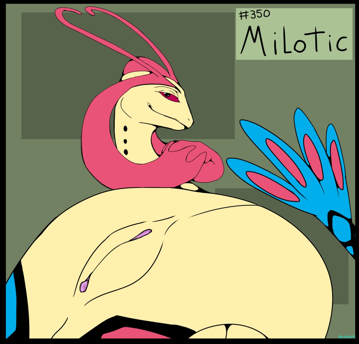 abstract_background backlash91 conditional_dnp digital_media_(artwork) e621 female feral generation_3_pokemon genitals hi_res looking_at_viewer milotic nintendo pokemon pokemon_(species) red_eyes reptile scalie serpentine simple_background smile snake solo text vulva