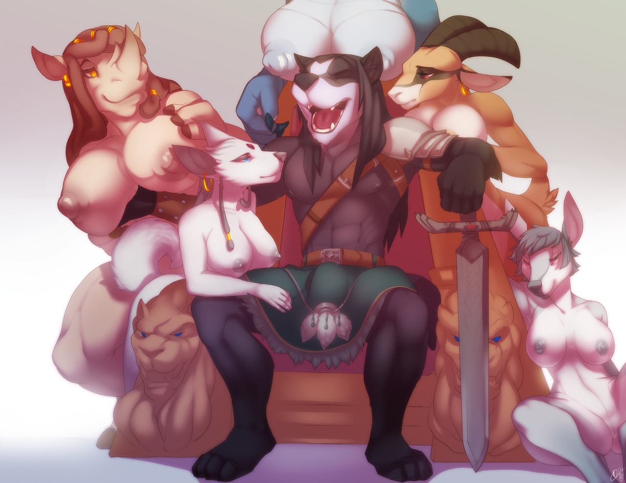 antelope anthro badger black_hair blue_eyes bottomwear bovid breasts bulge canid canine canis caprine chair clothed clothed_anthro clothed_male clothing deer domestic_dog dragon e621 ear_piercing ear_ring eyebrows eyelashes female female_anthro fox fur furniture gazelle genitals grey_body grey_fur grey_hair group hair harem interspecies kilt larger_female male male/female male_anthro mammal melee_weapon mustelid musteline mythological_creature mythological_scalie mythology nipples nude nude_anthro nude_female patto piercing red_eyes rhinoceros ring_piercing scalie size_difference smaller_male sporran sword tail throne vulva weapon white_body white_fur