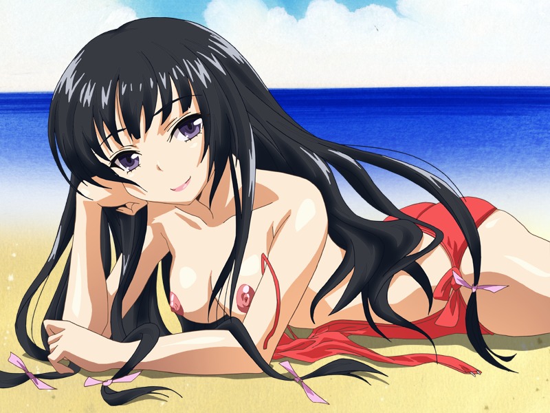 1girls 2d black_hair boku_wa_tomodachi_ga_sukunai breasts cloud female long_hair mikazuki_yozora ocean pointy_chin rule34 sky solo swimsuit water yabusame