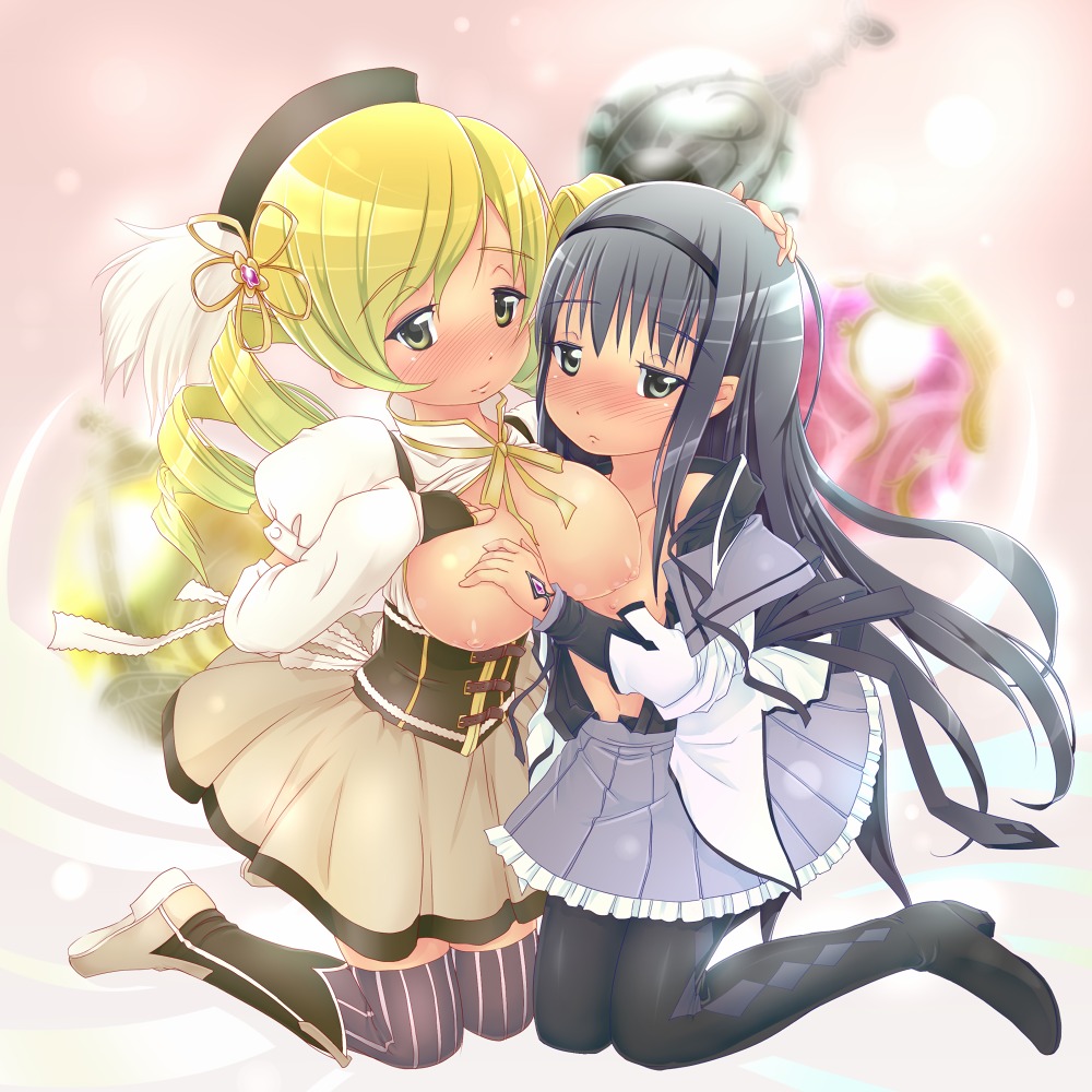 10s 2011 2girls absurd_res absurdres akemi_homura artist_request big_breasts black_hair blonde_hair blush breasts drill_hair female flat_chest hand_on_another's_head hand_on_head head_grab high_resolution highres human human_only large_breasts lesbian long_hair magical_girl mahou_shoujo_madoka_magica multiple_females multiple_girls nipples puella_magi_madoka_magica purple_eyes rule34 smile source_request tomoe_mami yellow_eyes yuri