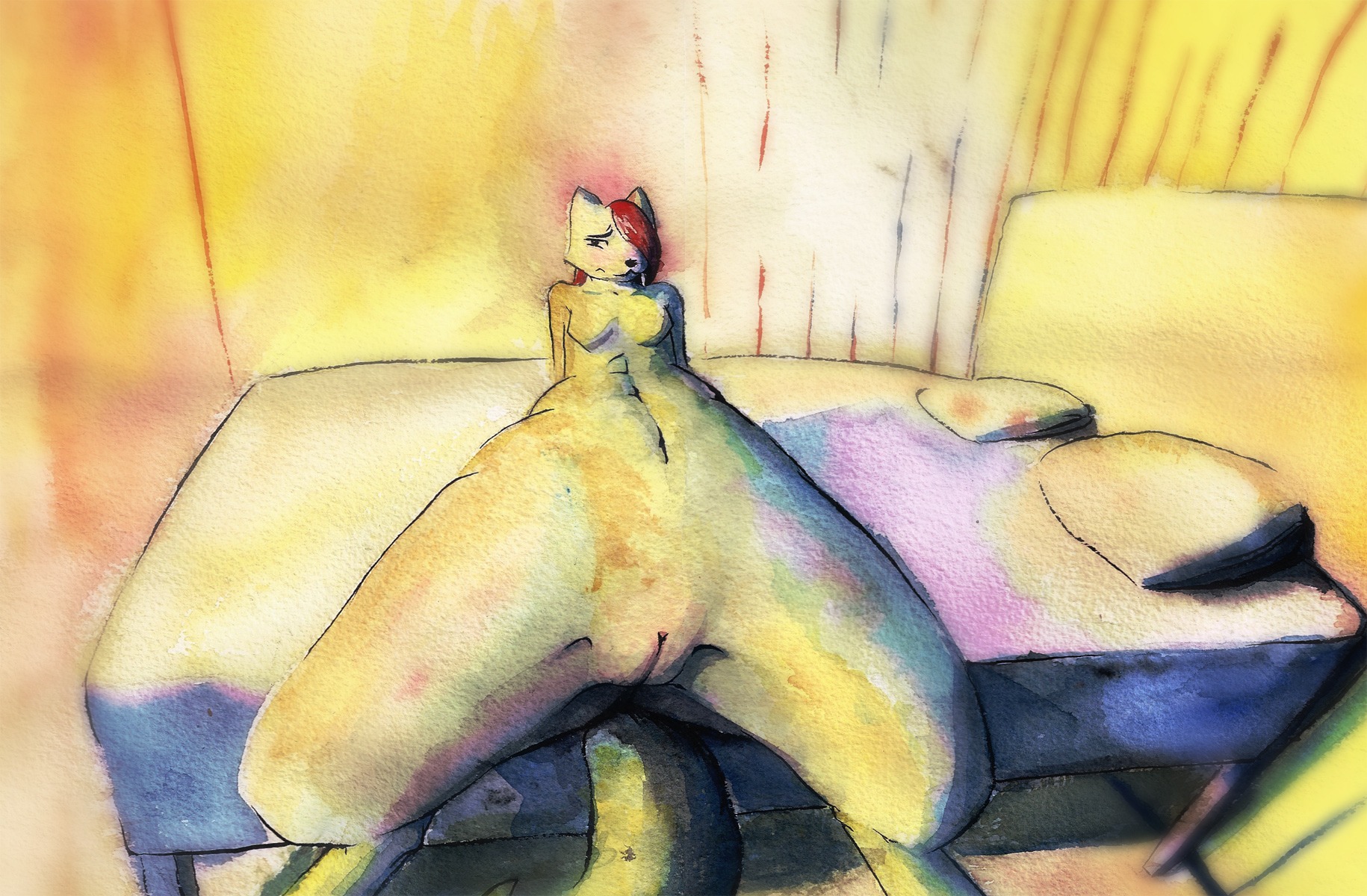 anthro bed biped blush breasts canid canine close-up e621 female foreshortening furniture genital_close-up genitals hair hi_res inside lying mammal mixed_media nude on_back on_bed painting_(artwork) pen_(artwork) pillow red_hair solo spread_legs spreading tail traditional_media_(artwork) traditional_painting_(artwork) traditional_watercolor_(artwork) unknown_artist unknown_species vulva vulva_close-up watercolor_(artwork)