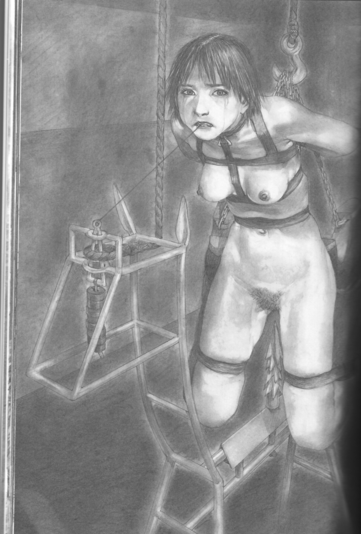 1girls arms_behind_back asian bad_end bondage breasts chains female frogtie gore guro harness highres hiroaki_samura hook horse impaled looking_at_viewer male monochrome navel nipples nude pencil predicament_bondage pubic_hair realistic rope rule34 short_hair solo solo_female spiked_dildo straps string tears torture trap trapped weights
