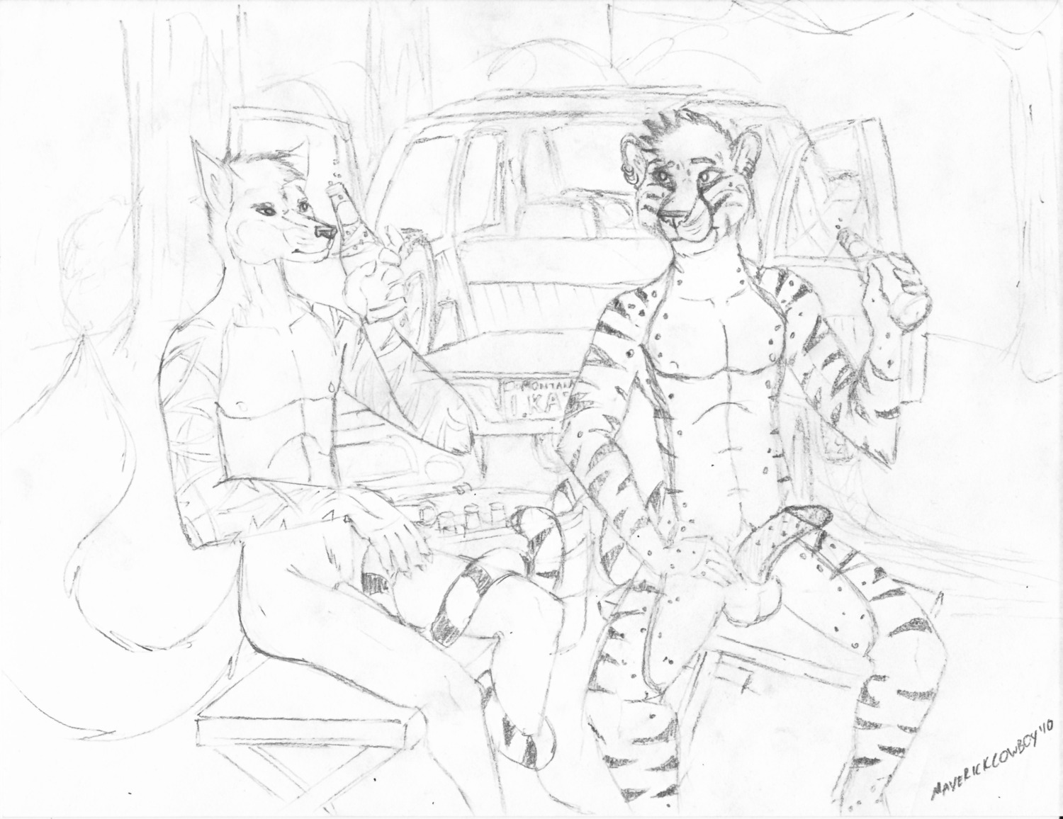2010 absurd_res alcohol anthro beer beverage camping canid canine canis cheetah duo e621 erection felid feline food forest genitals hi_res hybrid male male/male mammal monochrome outside pantherine penis plant tail tiger tree truck unavailable_at_source unknown_artist vehicle wolf wood year