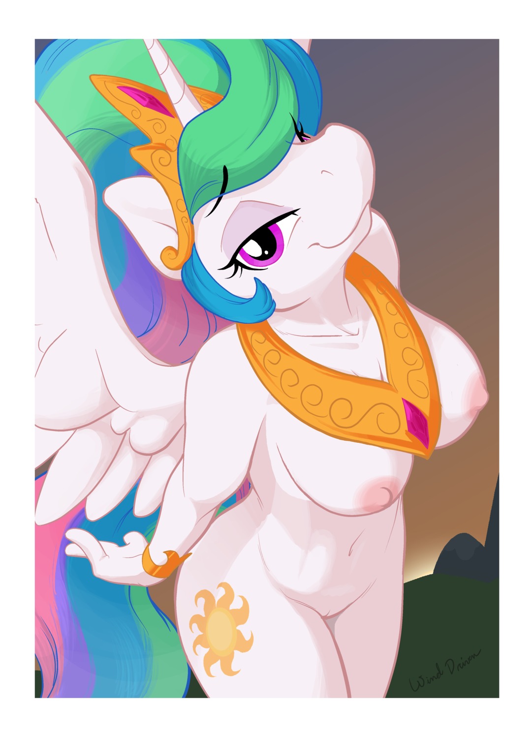 absurd_res ajin anthro anthrofied bedroom_eyes border breasts digitigrade e621 equid equine feathered_wings feathers female friendship_is_magic genitals hasbro hi_res horn looking_at_viewer mammal my_little_pony mythological_creature mythological_equine mythology narrowed_eyes pinup pose princess princess_celestia_(mlp) royalty seductive simple_background smile solo tail vulva white_body white_border white_feathers winged_unicorn wings