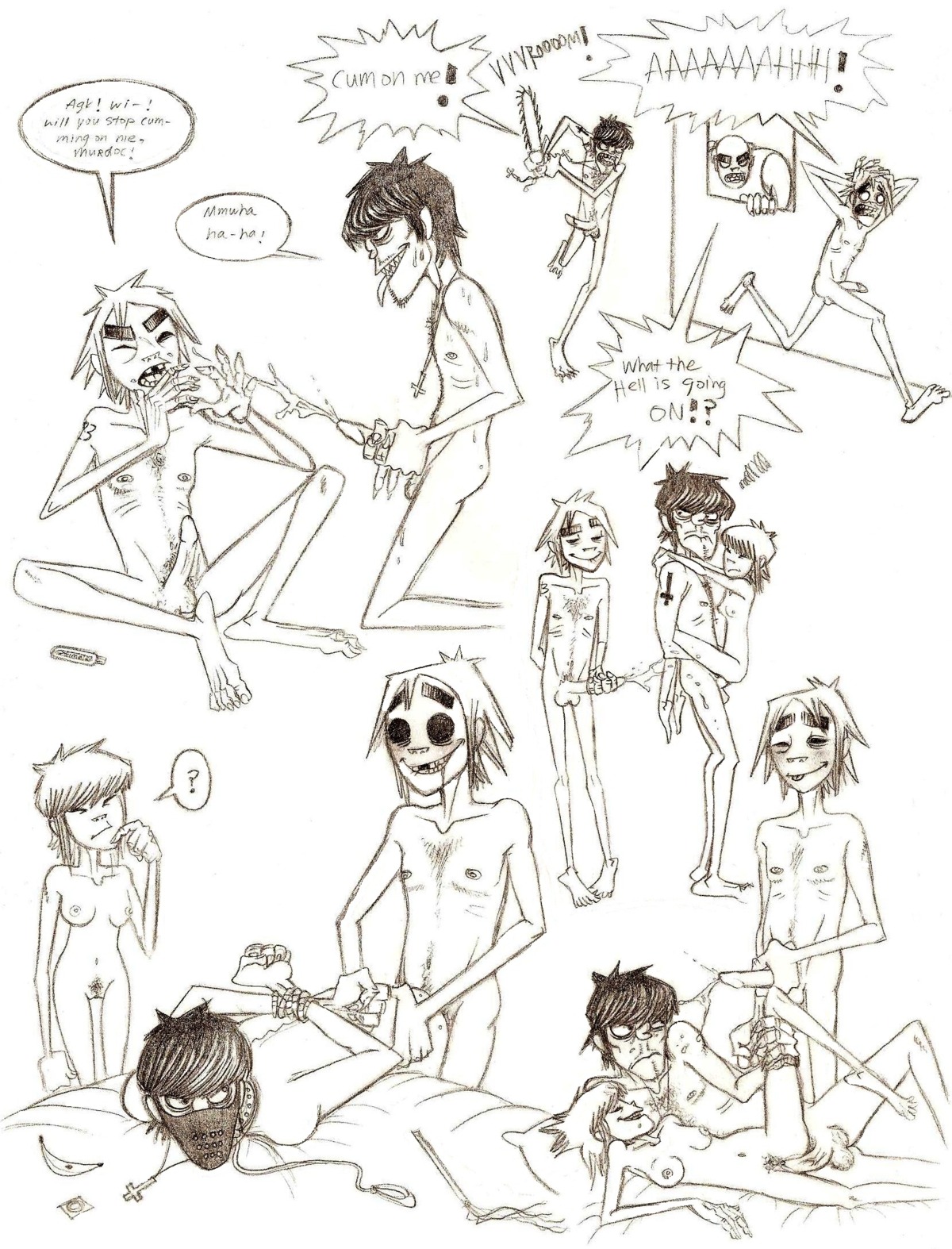 2d_(gorillaz) arms_behind_back bisexual breasts chainsaw collar fantasydemon female gag gay gay_domination gorillaz leash male maledom malesub monochrome multiple_boys multiple_males murdoc_niccals nipples noodle_(gorillaz) nude penis pubic_hair pussy rule34 russel_hobbs sex sketch straight upside_down_cross vaginal_penetration yaoi
