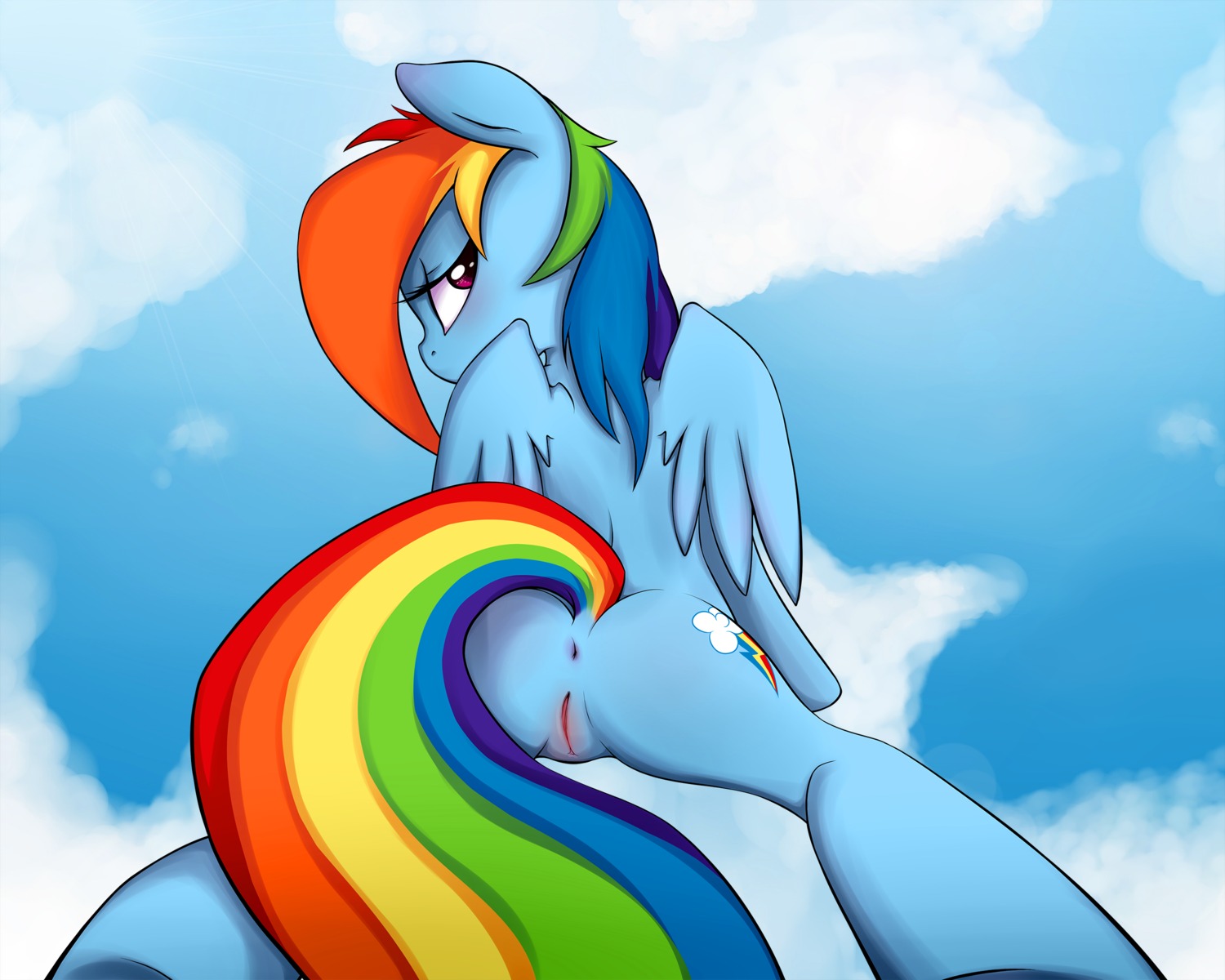 2012 5:4 alternate_form anthro anthrofied anus biped blue_background blue_body blue_feathers blue_fur blush butt cloud cutie_mark e621 equid equine feathered_wings feathers female friendship_is_magic fur genitals grumblepluck hair hasbro hi_res looking_at_viewer looking_back mammal multicolored_hair multicolored_tail my_little_pony mythological_creature mythological_equine mythology nude outside pegasus presenting presenting_hindquarters purple_eyes rainbow_dash_(mlp) rainbow_hair rainbow_tail raised_tail simple_background sky solo spread_legs spreading standing tail vulva wings