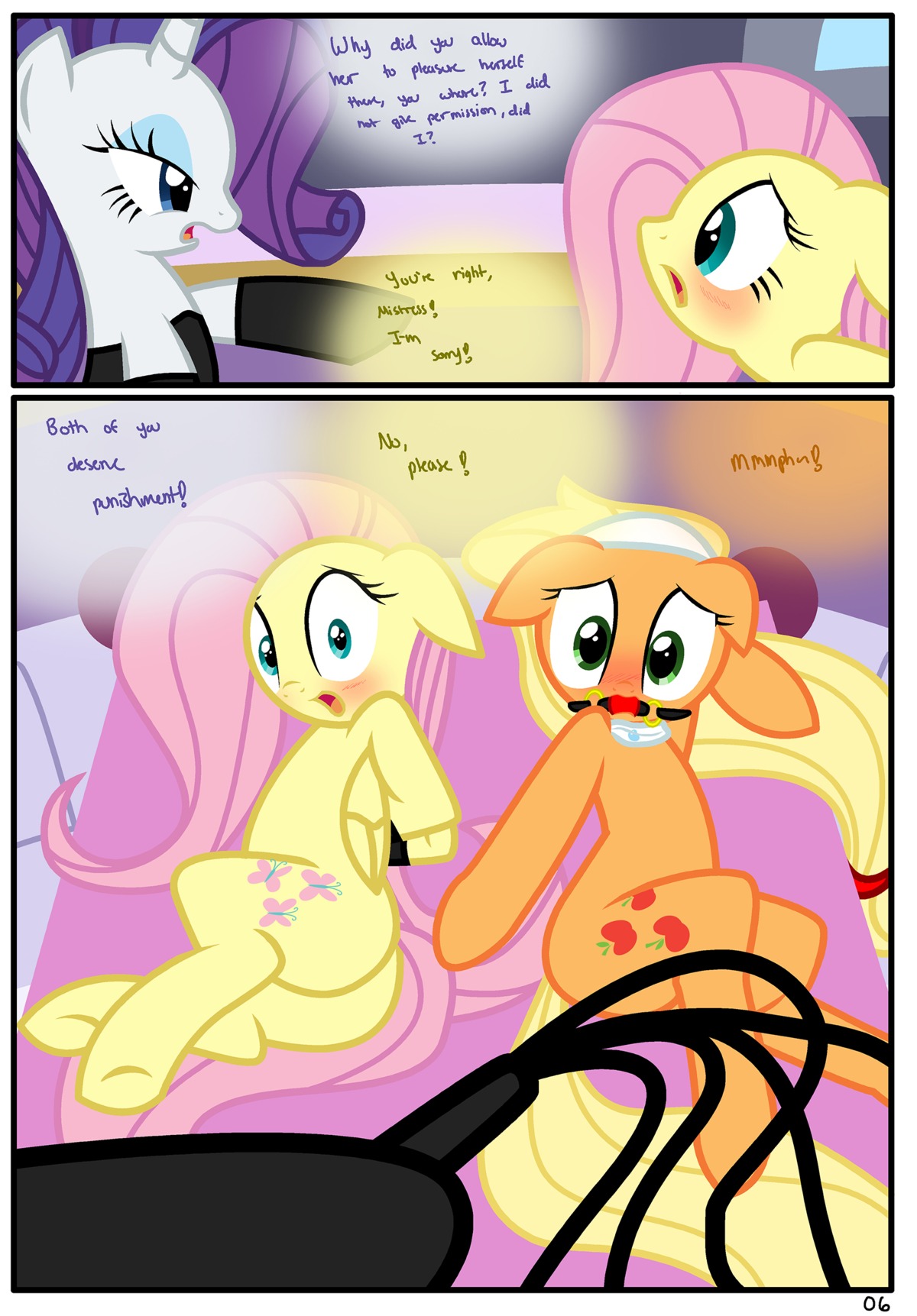 absurd_res applejack_(mlp) ball_gag bdsm blue_eyeshadow bondage border bound comic cutie_mark dialogue digital_media_(artwork) dominant dominant_female e621 earth_pony english_text equid equine eyeshadow feathered_wings feathers female female/female feral fluttershy_(mlp) friendship_is_magic fur gag gagged group hasbro hi_res horn horse makeup mammal my_little_pony mythological_creature mythological_equine mythology pegasus pony pyruvate rarity_(mlp) submissive submissive_female tail text unicorn white_body white_border white_fur wings yellow_body yellow_feathers