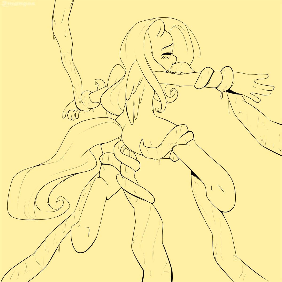1:1 anal anal_penetration anthro anthrofied black_and_yellow butt chromapan digital_drawing_(artwork) digital_media_(artwork) e621 equid equine feathered_wings feathers female fluttershy_(mlp) forced friendship_is_magic full-length_portrait genitals hair hasbro hi_res long_hair mammal monochrome my_little_pony mythological_creature mythological_equine mythology oral oral_penetration pegasus penetration portrait restrained solo spread_legs spreading tentacle_in_mouth tentacle_penetration tentacles vaginal vaginal_penetration vulva wings
