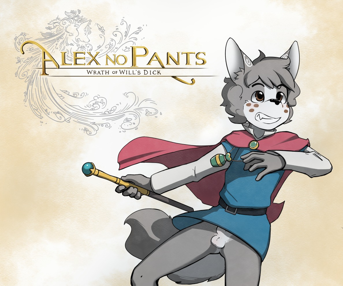 6:5 alex_(harmarist) animal_genitalia anthro balls belt bottomless canid canine canis cape clothed clothing cosplay e621 eyebrow_through_hair eyebrows fangs fully_sheathed fur genitals hair harmarist jewelry level-5 magic_wand male mammal necklace ni_no_kuni ni_no_kuni_(series) oliver_(ni_no_kuni) pendant sheath sheath_and_knife shirt small_balls smile solo teeth topwear translucent translucent_hair tunic wand white_balls wolf young young_anthro young_male