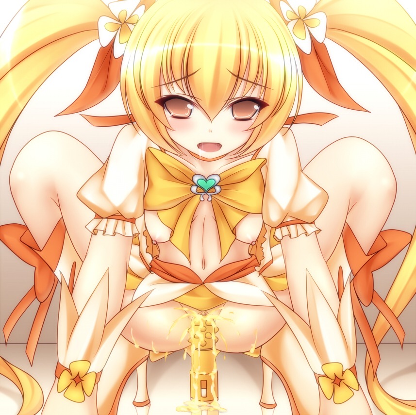 1girls blush breasts clothed_masturbation clothing cure_sunshine dildo female flower hair_ornament heart heartcatch_precure! magical_girl masturbation medium_breasts mikan_(5555) myoudouin_itsuki navel nipples no_panties open_mouth peeing peeing_while_penetrated precure pretty_cure rule34 solo