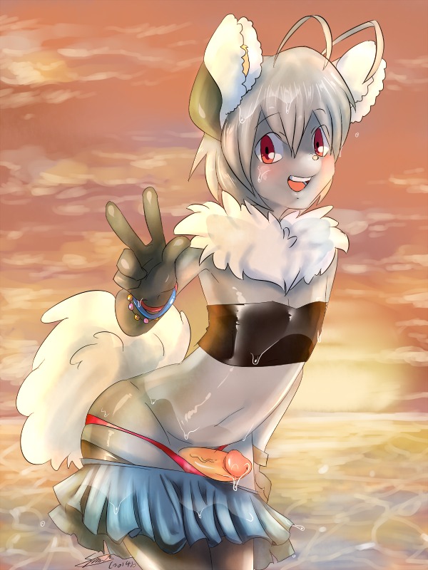 3:4 anthro beach bodily_fluids bottomwear bracelet chinchilla chinchillid clothed clothing cloud crossdressing cum e621 erection femboy genital_fluids genitals gesture hand_gesture jewelry legwear looking_at_viewer male mammal midriff outside panties panties_down partially_clothed penis rodent seaside skirt sky soina solo stockings underwear underwear_down v_sign wet