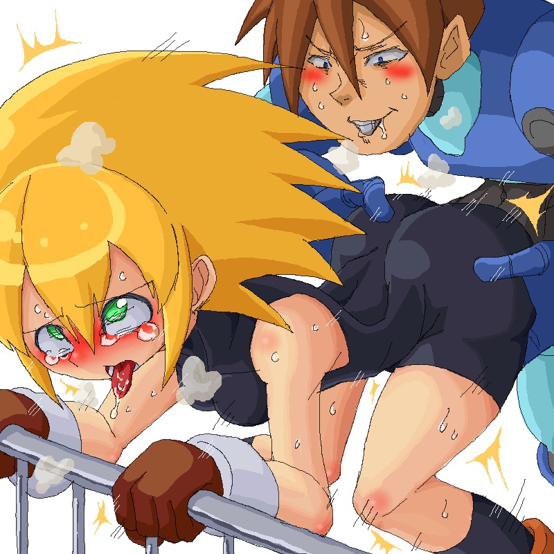 1boy 1girls ahe_gao armor bent_over blonde_hair blue_eyes blush breasts brown_hair clothed clothed_sex drool female fucked_silly green_eyes long_hair male mega_man mega_man_legends roll_caskett rule34 sex small_breasts