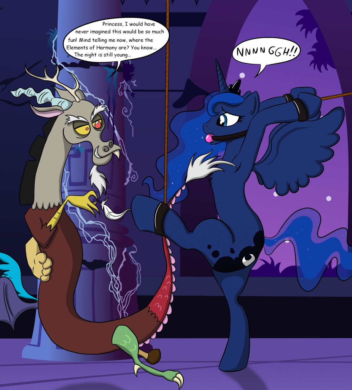 absurd_res ball_gag bdsm bondage bound chimera cutie_mark discord_(mlp) draconequus duo e621 english_text equid equine feathered_wings feathers feet female feral friendship_is_magic gag gagged hasbro hi_res hoof_fetish hooves horn loose_feather male mammal my_little_pony mythological_creature mythological_equine mythology ponysunshinepony princess_luna_(mlp) text tickling tickling_armpits tickling_feet winged_unicorn wings