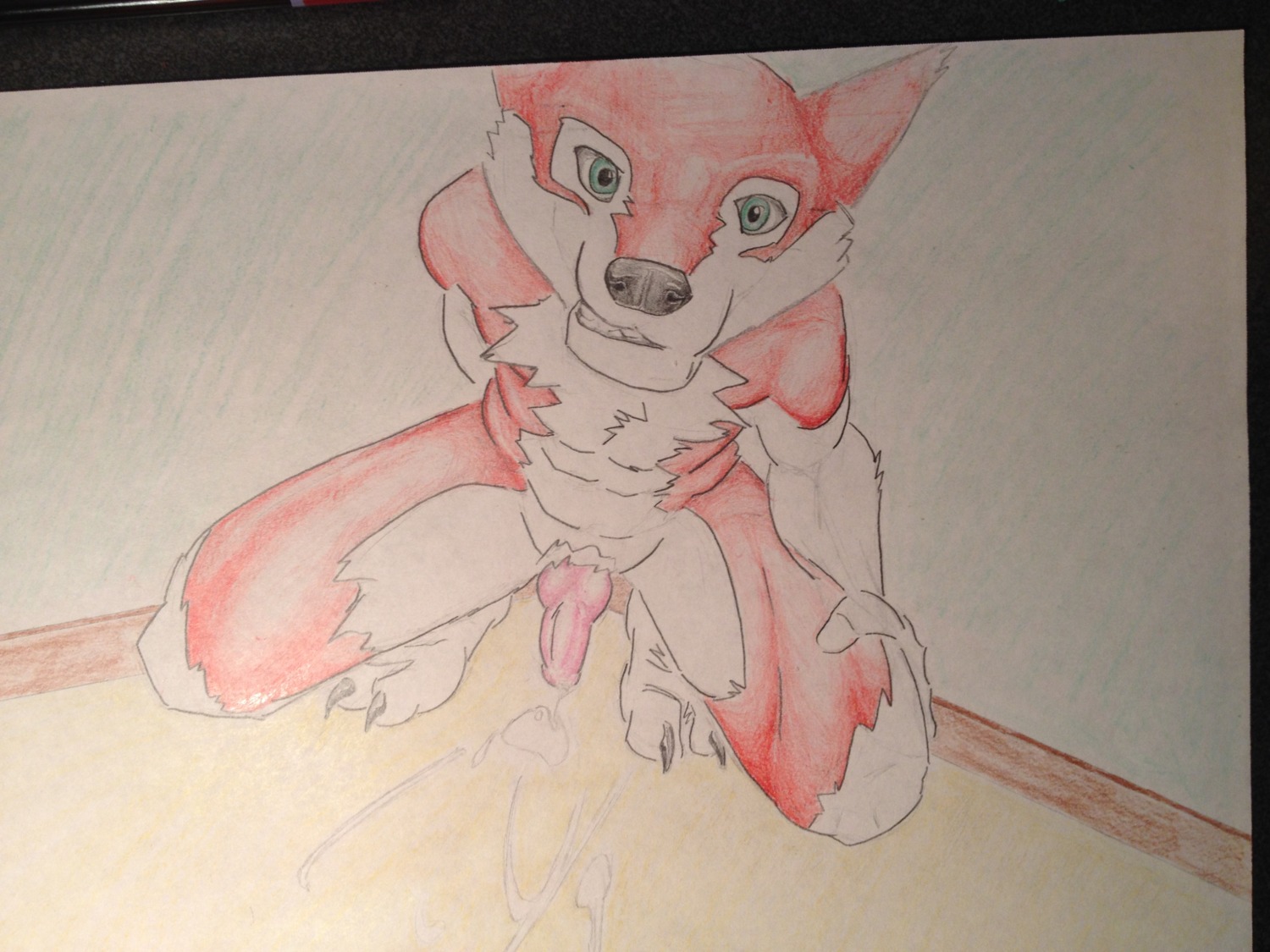 4:3 absurd_res anthro bodily_fluids canid canine crouching cum cum_on_ground e621 erection fur genital_fluids genitals grandfathered_content green_eyes hi_res looking_at_viewer male mammal nude penis pink_penis red_body red_fur smile solo sournote traditional_media_(artwork) white_body white_fur