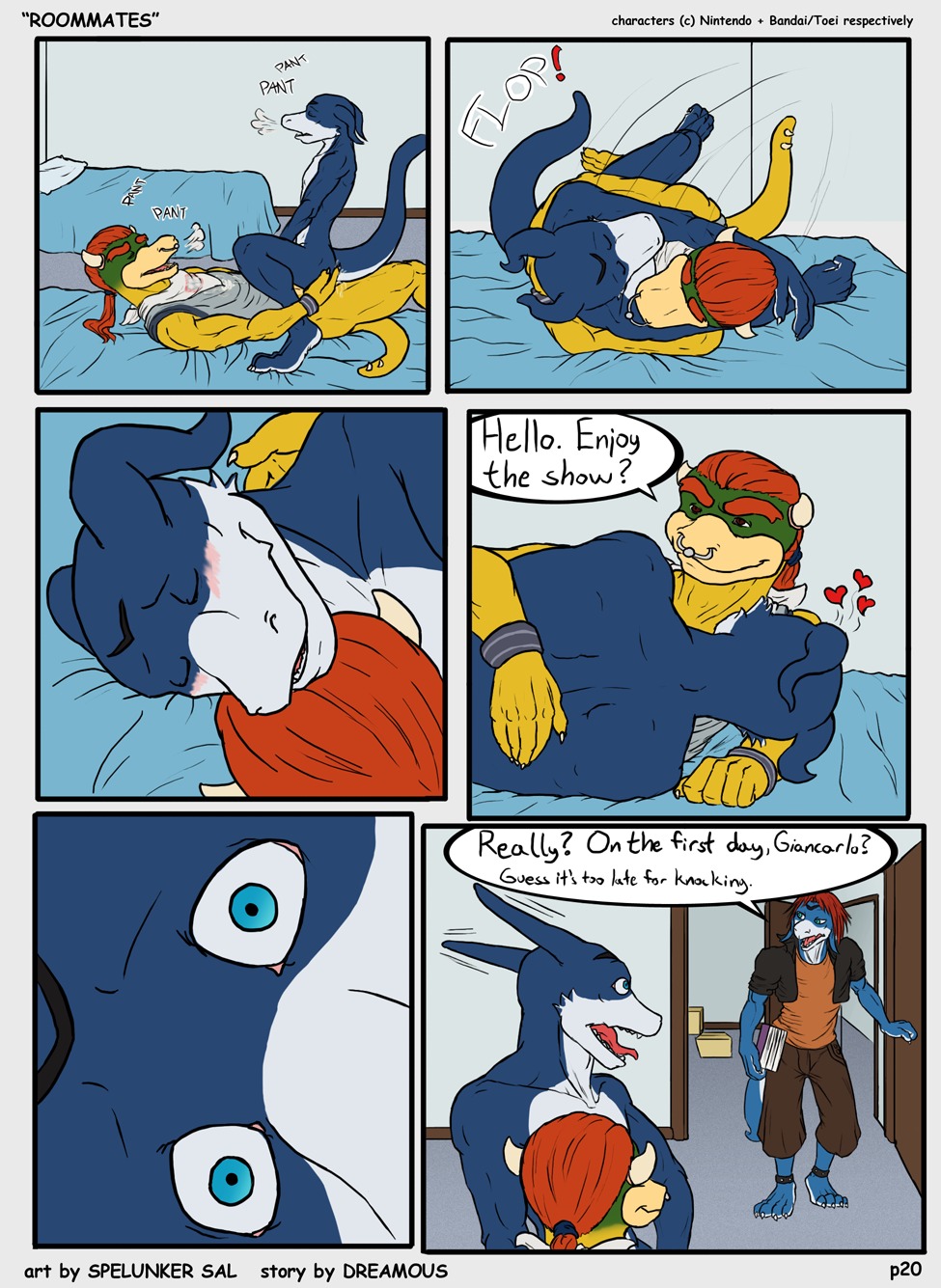 <3 anthro bandai blue_eyes bowser_koopa_junior_(roommates) caught close-up comic couple cum digimon dreamous_(writer) flamedramon furry furry_only gay giancarlo_rosato hi_res horn koopa male male/male male_only mario_(series) muscles nintendo nude panting penis roommates_(comic) rule34 scalie sex simple_background spelunker_sal straight_hair yaoi