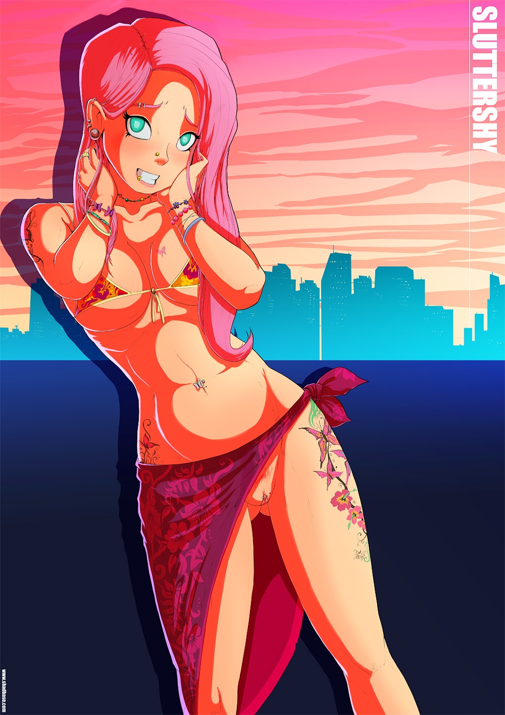 2013 alternate_species bikini bikini_top blue_eyes breasts clitoris clitoris_barbell clitoris_piercing clothed clothing e621 ear_piercing ear_ring eyebrow_piercing eyebrow_ring facial_piercing female fluttershy_(mlp) friendship_is_magic gauged_ear genital_piercing genitals grandfathered_content hair hasbro hi_res human human_only humanized jewelry lip_piercing lip_ring looking_at_viewer mammal multiple_piercings my_little_pony navel navel_piercing nipples nose_piercing nose_stud not_furry nude piercing ring_piercing shadman shaved_vulva skimpy solo standing stud_piercing swimwear tattoo two-piece_swimsuit vulva vulva_piercing