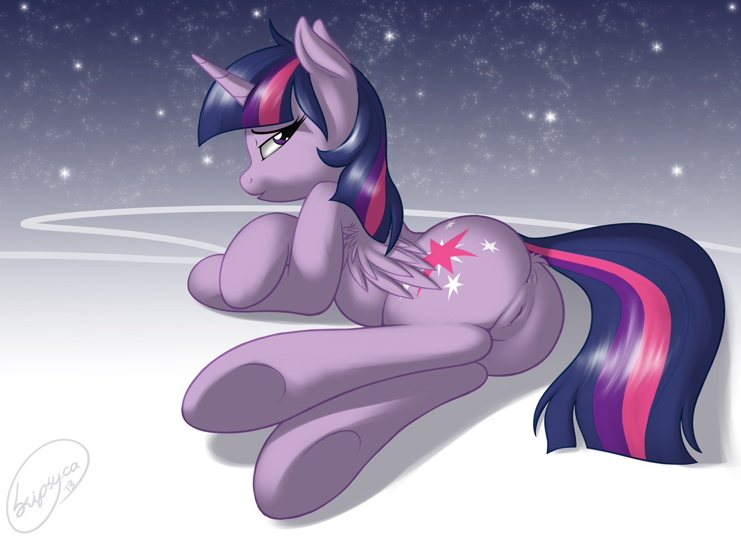 2013 abstract_background anus butt cutie_mark digital_drawing_(artwork) digital_media_(artwork) e621 equid equine feathered_wings feathers female feral friendship_is_magic fur genitals hair hasbro hi_res horn humanoid_genitalia humanoid_vulva looking_at_viewer looking_back lying mammal multicolored_hair my_little_pony mythological_creature mythological_equine mythology nude on_side presenting presenting_hindquarters purple_body purple_eyes purple_feathers purple_fur purple_hair simple_background skipsy solo tail twilight_sparkle_(mlp) two_tone_hair vulva winged_unicorn wings