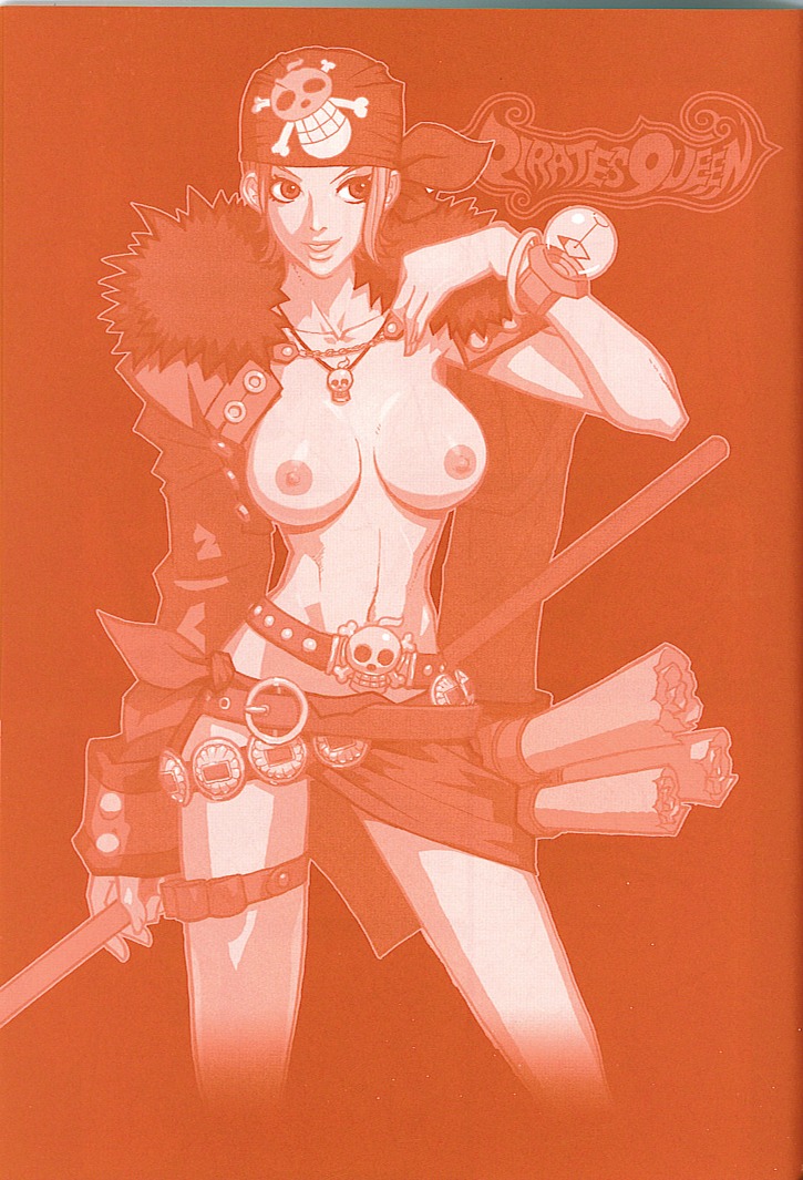 artist_request bandana breasts clothing female female_only front_view human monochrome nami_(one_piece) nipples nude one_piece pre-timeskip rule34 solo standing