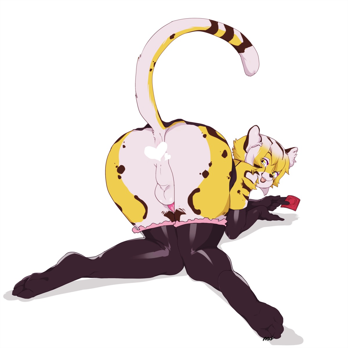1:1 all_fours anthro ass_up backsack balls bent_over big_butt butt censored cheetah clothed clothing condom crossdressing digital_media_(artwork) e621 erection felid feline femboy fur genitals hi_res looking_at_viewer looking_back looking_back_at_viewer maid_uniform male mammal milkcrown penis presenting presenting_hindquarters raised_tail sexual_barrier_device simple_background solo spots tail uniform white_background white_body white_fur yellow_body yellow_eyes yellow_fur