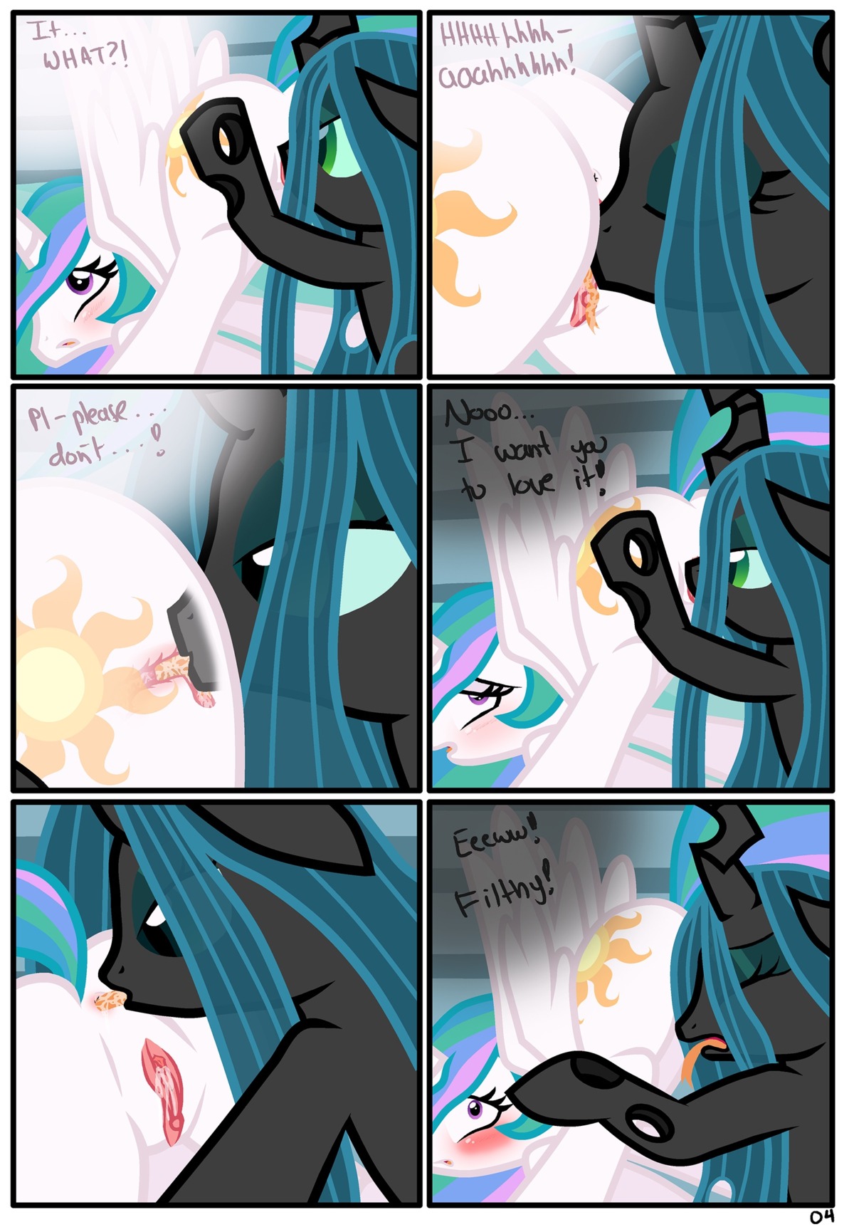 absurd_res anal anus arthropod blush border butt changeling_(mlp) comic cunnilingus cutie_mark duo e621 equid equine feathered_wings feathers female female/female feral friendship_is_magic genitals hasbro hi_res horn interspecies licking mammal my_little_pony mythological_creature mythological_equine mythology oral princess princess_celestia_(mlp) pyruvate queen_chrysalis_(mlp) rimming royalty sex tail tongue tongue_out vaginal vulva white_body white_border white_feathers winged_unicorn wings