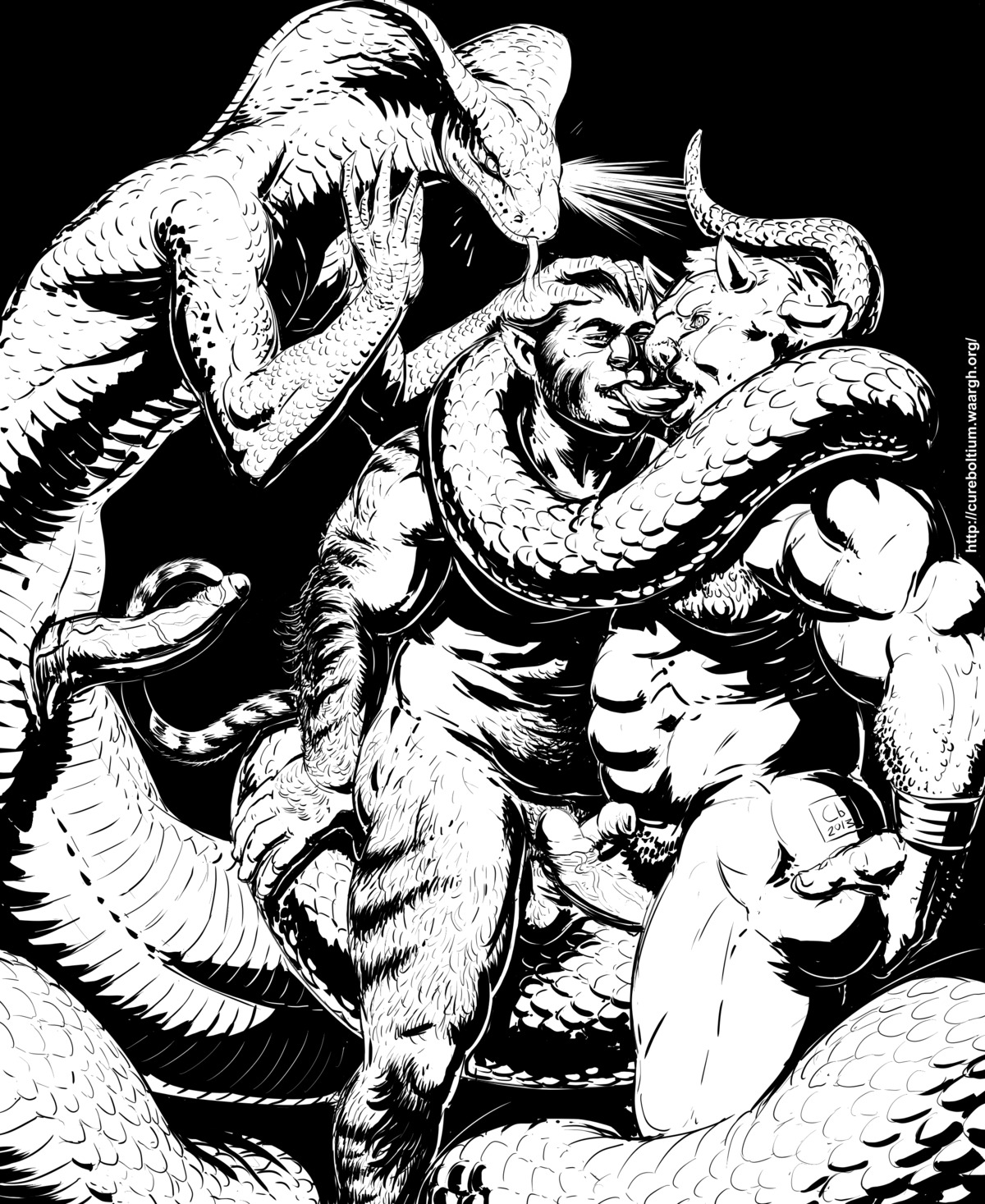 2013 absurd_res animal_genitalia anthro apode balls belly biceps black_and_white black_background cureboltium demon digital_media_(artwork) domestic_cat draconcopode e621 erection felid feline felis foreskin forked_tongue french_kissing front_view frottage genitals group hairy hi_res horn human humanoid_genitalia humanoid_penis hybrid hypnosis kissing legless long_tongue male male/male mammal mind_control monochrome musclegut muscular muscular_male naga partially_retracted_foreskin pecs penile penis penises_touching pubes reptile retracted_foreskin scalie serpentine sex simple_background slightly_chubby snake submissive submissive_male tongue tongue_out vein veiny_penis