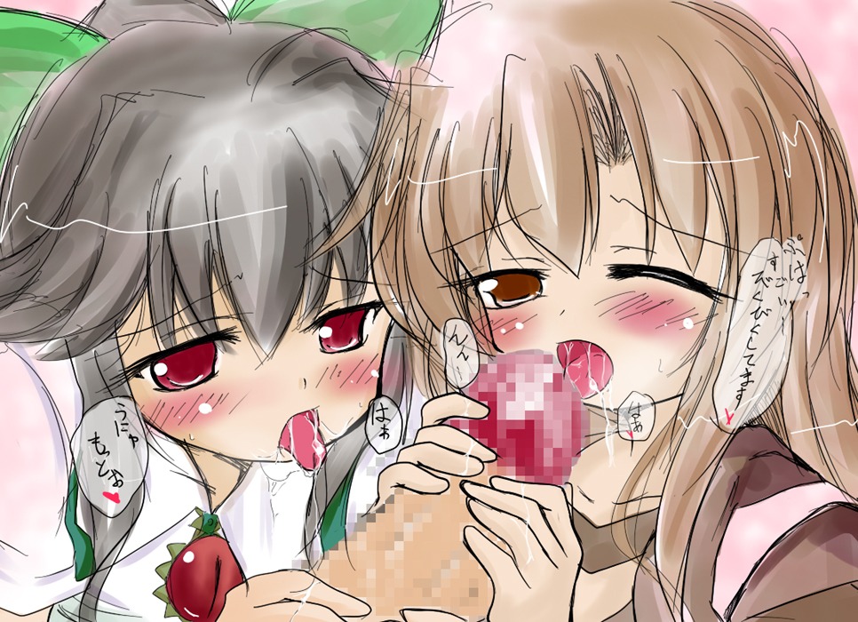 1boy 2girls assisted_fellatio black_hair blush bow brown_eyes brown_hair censored duo_handjob fellatio female hairbow handjob hijiri_byakuren k-nokobeya kazu_(k_no_kobeya) kazu_(pixiv) long_hair male multiple_females multiple_girls multiple_penises oral penis red_eyes rule34 saliva sketch teamwork tongue tongue_out touhou two-handed_handjob unyu utsuho_reiuji wince