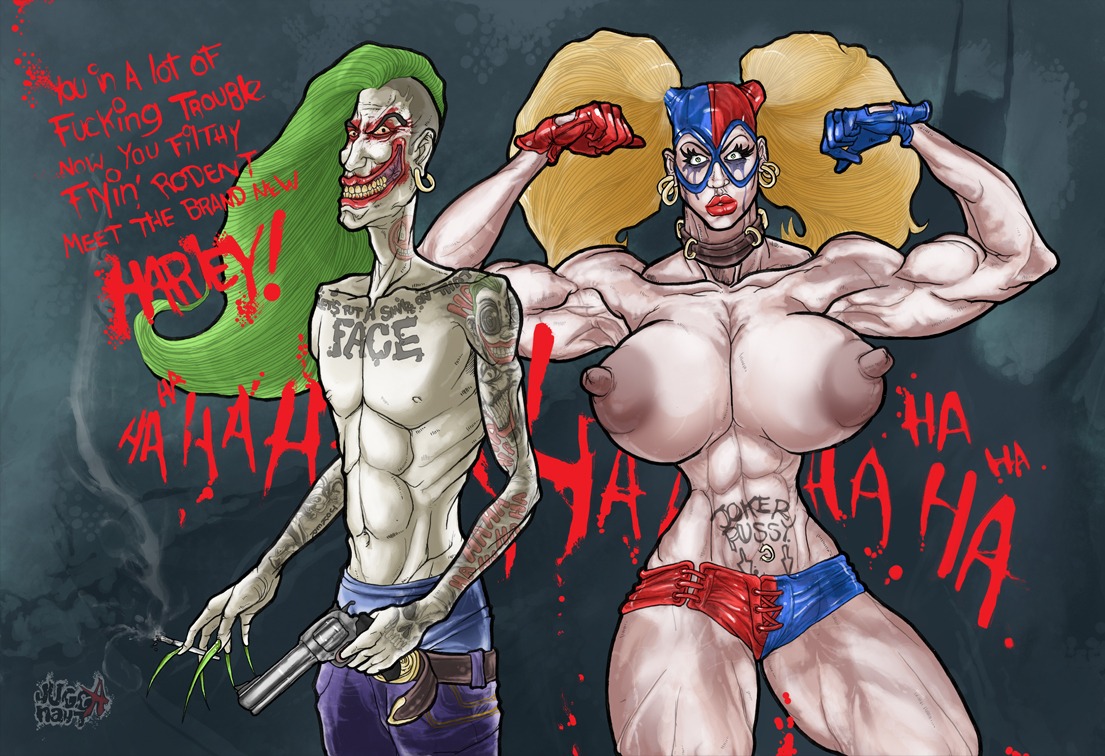 1boy 1girls abs aggressive areola armpits batman_(series) big_areola big_breasts big_nipples blonde_hair breasts collar dark_areola dark_nipples dc dc_comics earrings extreme_muscles female flexing gloves green_hair gun harley_quinn jugganaut_freak larger_female long_fingernails long_hair looking_at_viewer male mask muscles muscular muscular_female navel_piercing nipples pale_skin piercings pistol puffy_areola red_lipstick revolver rule34 runny_makeup sharp_fingernails shaved_side short_shorts skinny talking_to_viewer tattoos the_joker thick_thighs topless twintails veins weapon yellow_teeth