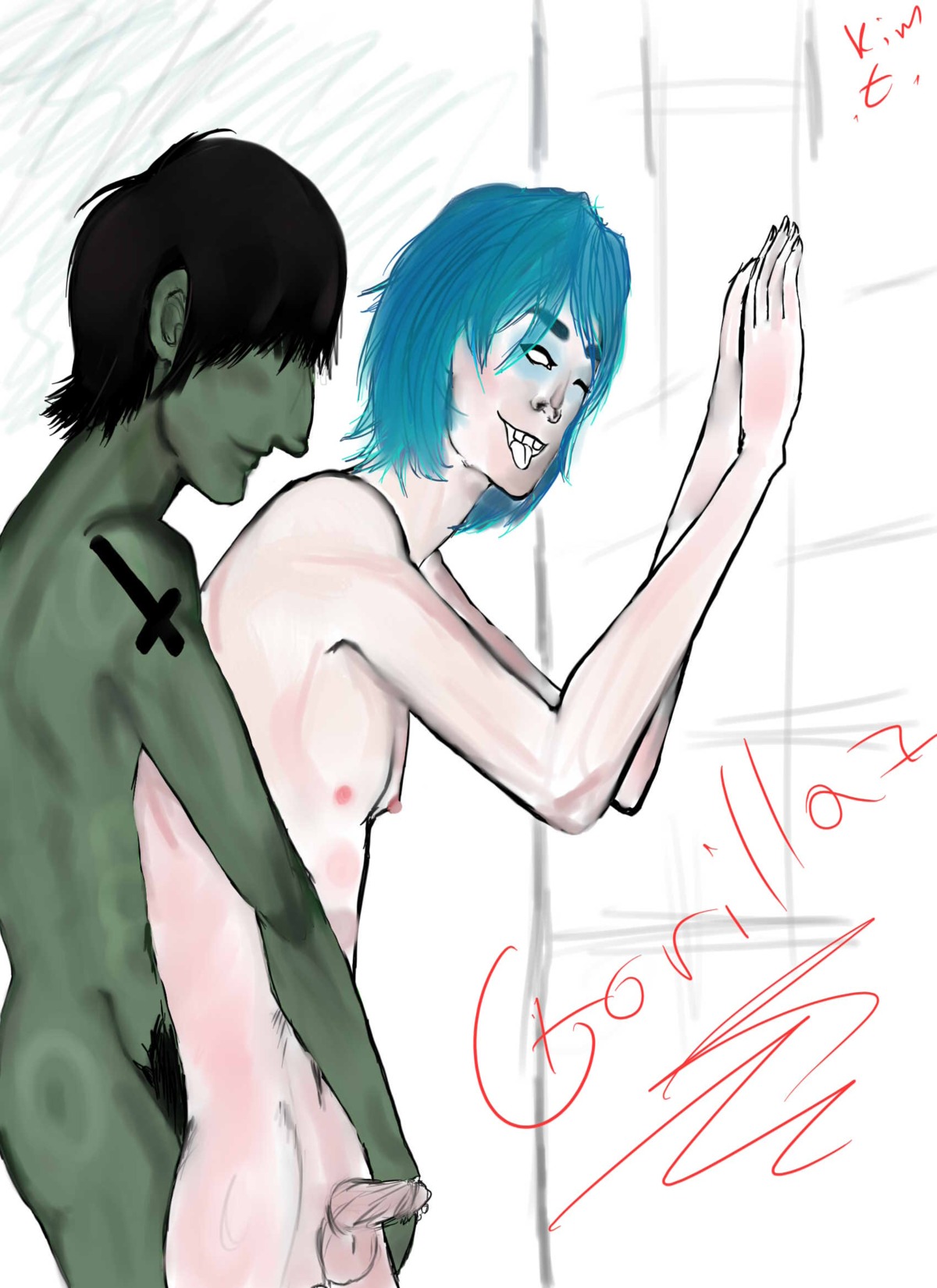 2boys 2d_(gorillaz) balls gorillaz male male_only murdoc_niccals musician nipples nude nudity penis precum pubic_hair rule34 tongue tongue_out upside_down_cross yaoi