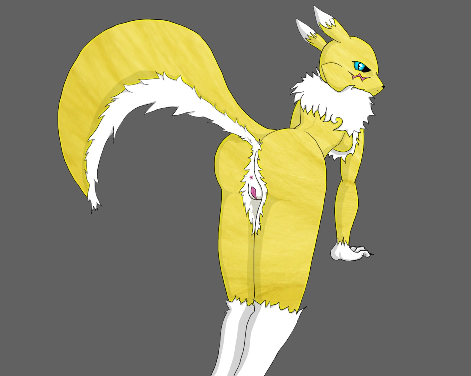 5:4 anthro bandai_namco bent_over black_sclera butt canid canine digimon digimon_(species) e621 female fur genitals green_eyes grey_background hi_res looking_back mammal renamon simple_background solo tail textured third-party_edit unknown_artist vulva white_body white_fur yellow_body yellow_fur