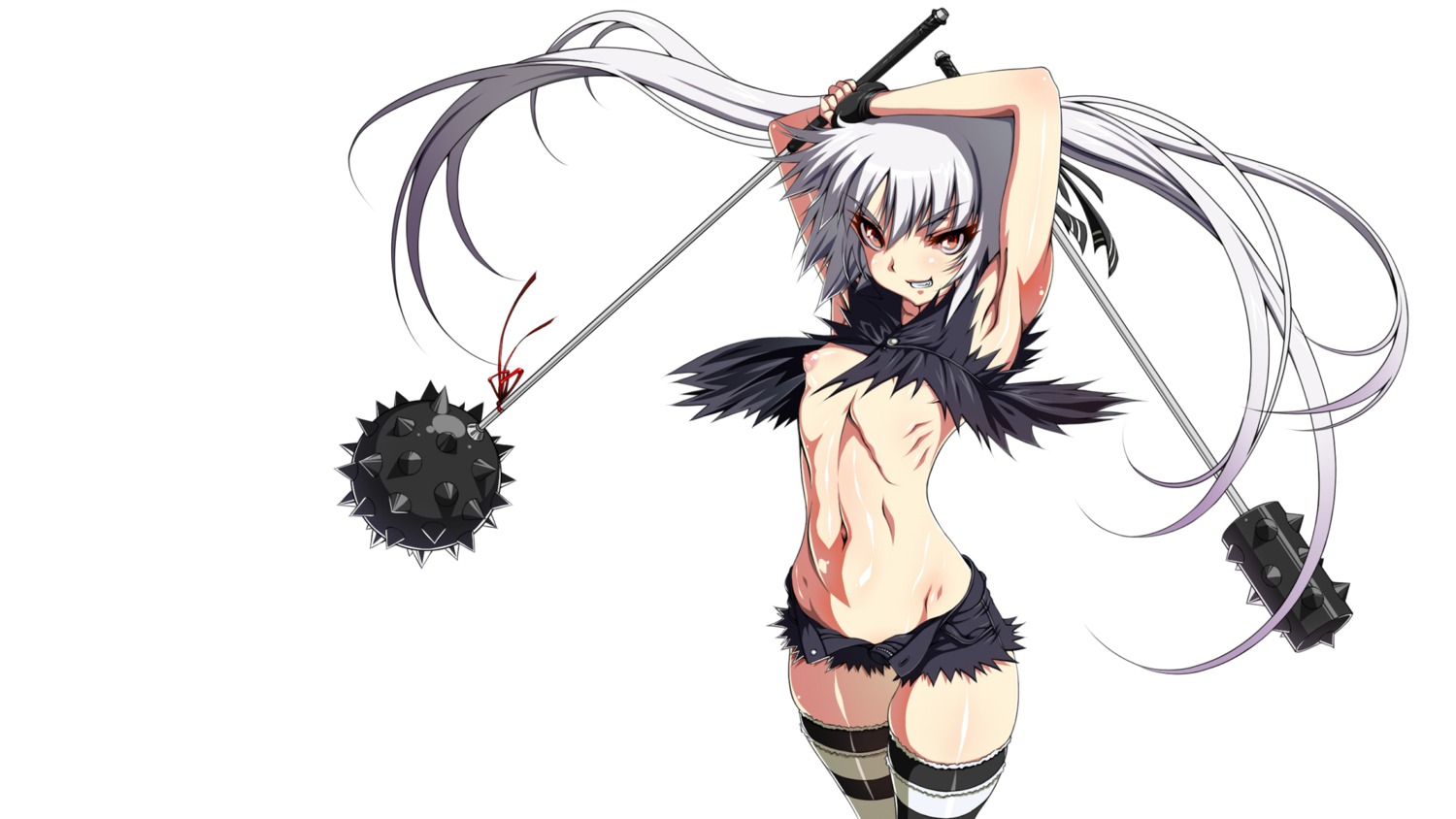 1girls armpits club denim denim_shorts error female fingerless_gloves flat_chest gloves highres inagaki inagaki_(iii) kooh long_hair navel nipples open_clothes pangya pointy_chin puffy_nipples red_eyes ribs rule34 shorts solo striped striped_legwear striped_thighhighs thighhighs tied_hair twintails weapon white_hair