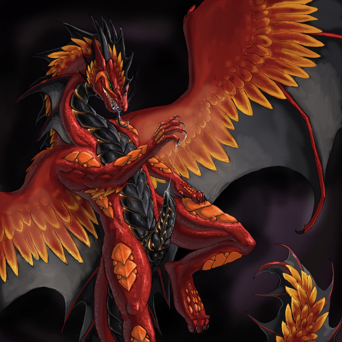 1:1 aaros_(character) anthro balls black_body black_penis black_scales black_tongue bodily_fluids claws cum digital_media_(artwork) dragon e621 erection european_mythology feathered_dragon feathered_scalie feathered_wings feathers genital_fluids genitals green_eyes hi_res horn knot long_tongue looking_at_viewer male membrane_(anatomy) membranous_wings mythological_creature mythological_scalie mythology non-mammal_balls nude open_mouth orange_body orange_scales penis precum rakisha red_body red_scales scales scalie sharp_teeth simple_background solo tail tapering_penis teeth tongue tongue_out western_dragon wings