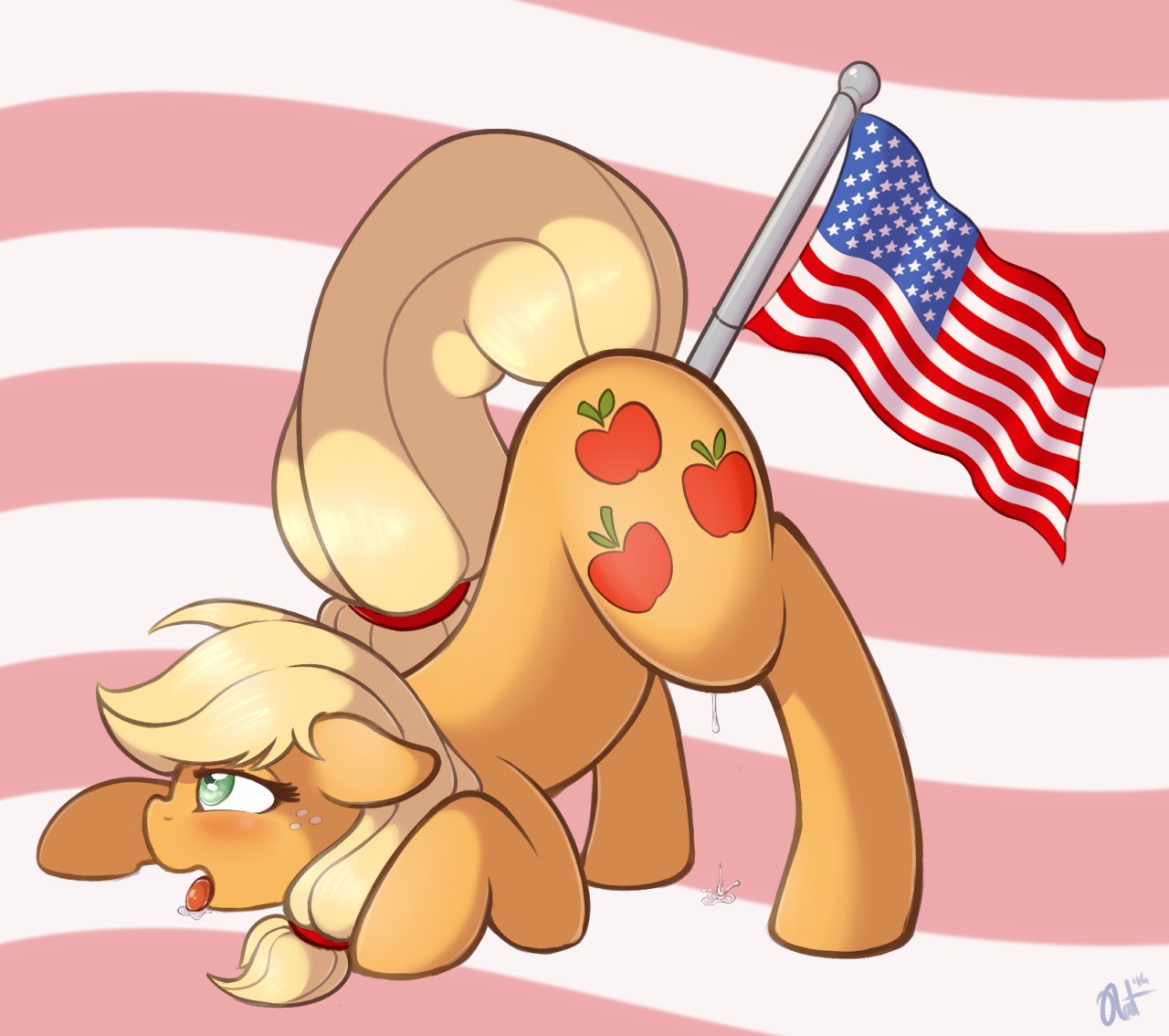 american_flag applejack_(mlp) ass_up blonde_hair blush bodily_fluids cutie_mark digital_media_(artwork) dripping e621 earth_pony equid equine female feral flag freckles friendship_is_magic fur genital_fluids green_eyes hair hasbro horse improvised_sex_toy mammal my_little_pony open_mouth orange_body orange_fur penetration pony quadruped raised_tail ratofdrawn saliva shaded side_view solo tail tongue united_states_of_america vaginal_fluids