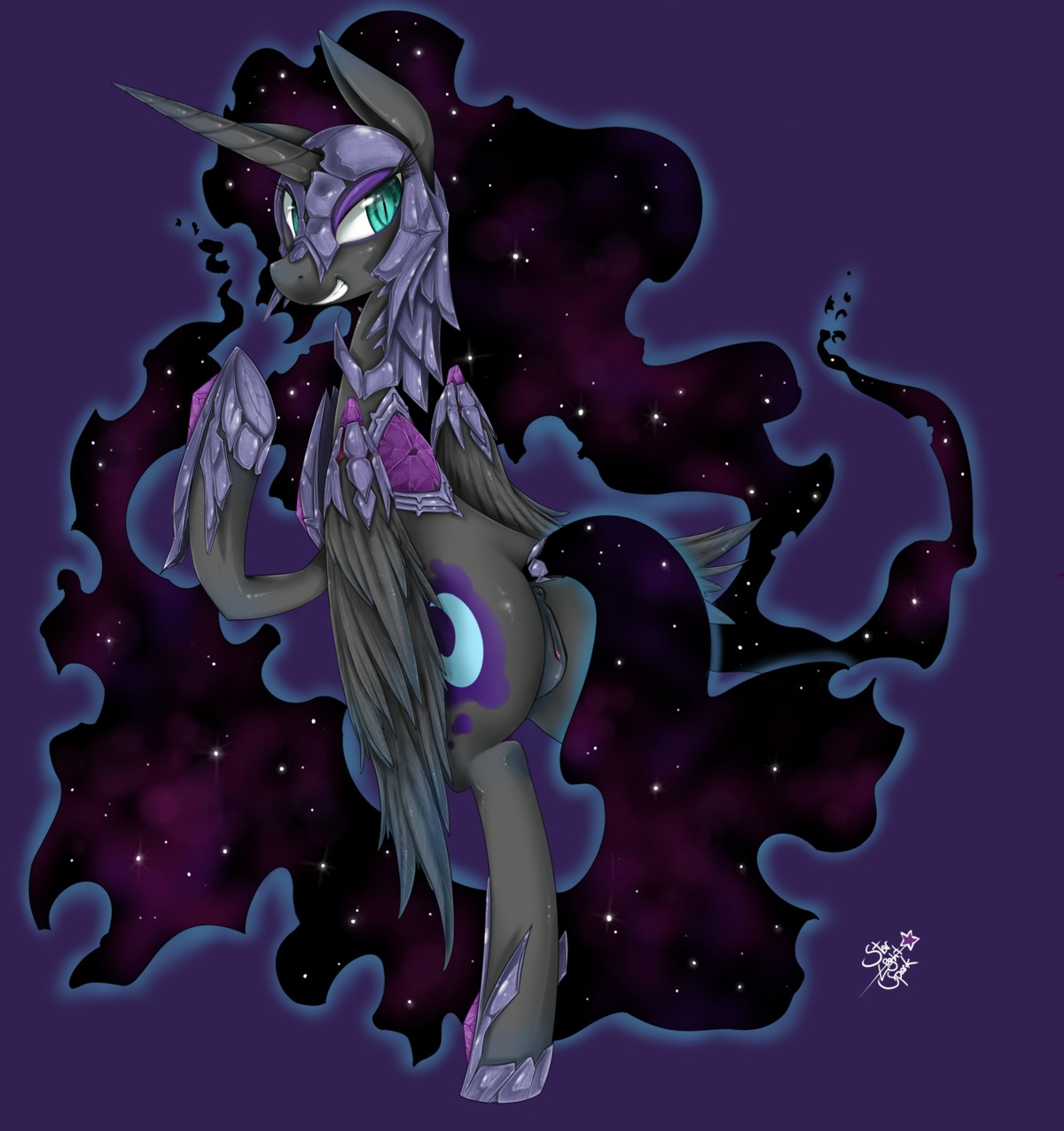 2014 anus black_body black_feathers e621 equid equine feathered_wings feathers female friendship_is_magic fur genitals hair hasbro hi_res horn mammal my_little_pony mythological_creature mythological_equine mythology nightmare_moon_(mlp) opgenitalia solo starlight_spark vulva winged_unicorn wings