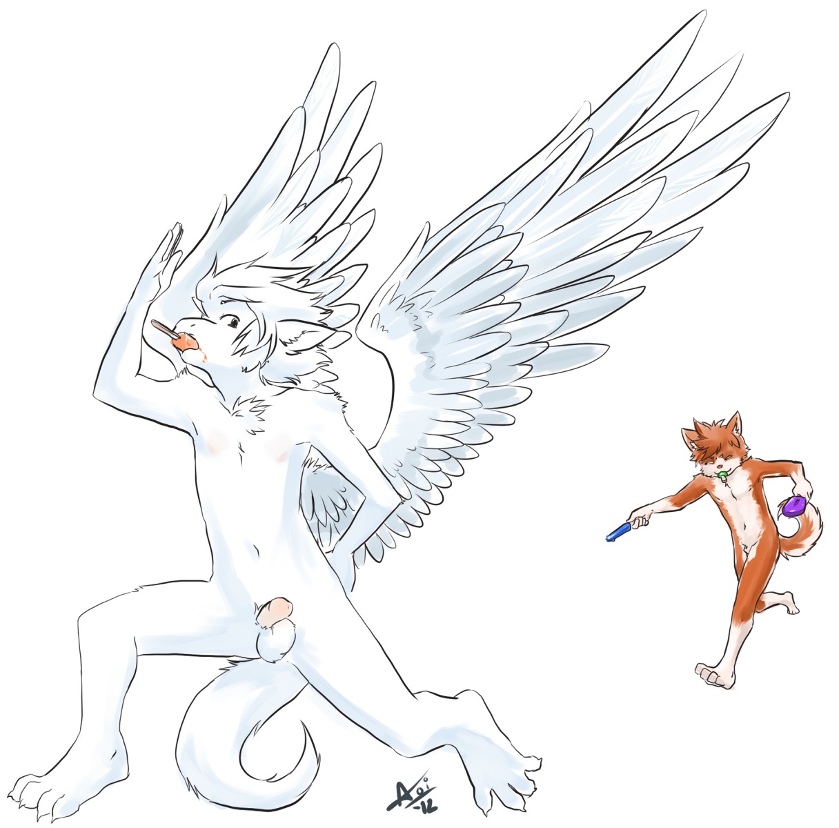 2012 animal_genitalia anthro aogami barefoot canid canine chasing dessert duo e621 equid equine feathered_wings feathers feet flaccid food foreskin fox fully_sheathed genitals hair hi_res humanoid_genitalia humanoid_penis ice_cream kaoru_(kitaness) male male/male mammal mythological_creature mythological_equine mythology narrow_hips nude paws pegasus penis sheath signature simple_background tail text thin_calves thin_legs thin_thighs white_background wings